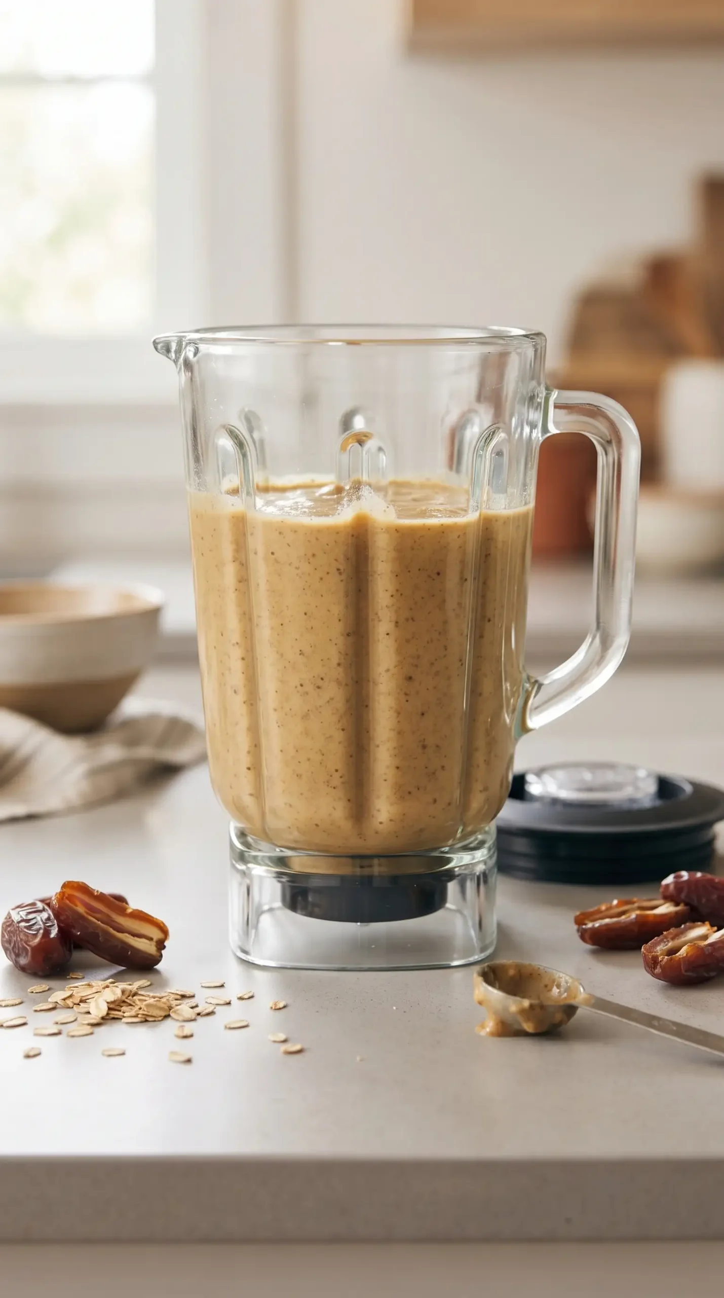 Blender jar with banana, oat, date, and egg muffin batter