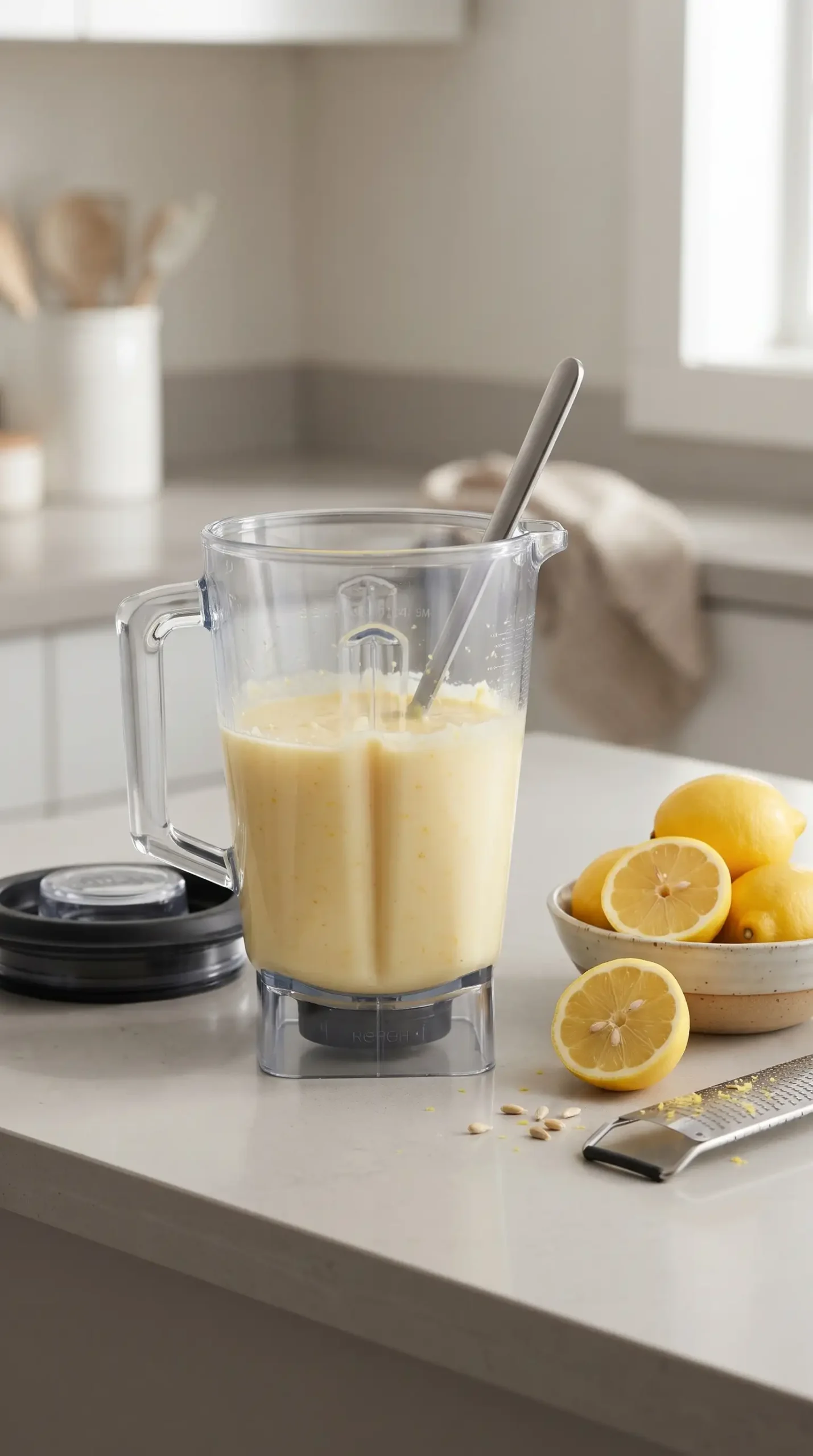 Blender filled with smooth lemon pie filling showing whole lemon rind flecks
