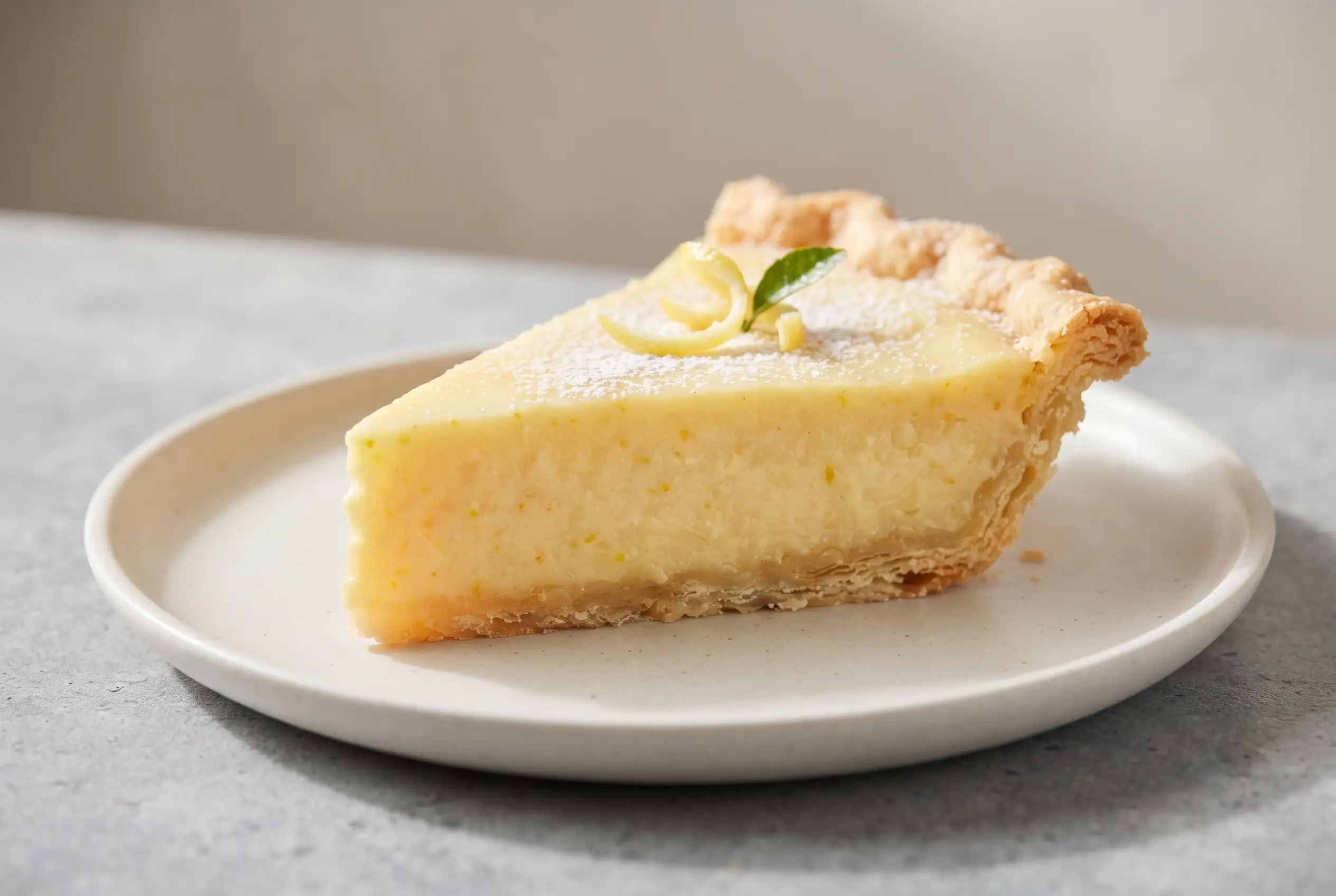 Slice of blender lemon pie with whole lemon citrus filling and golden crust on a plate