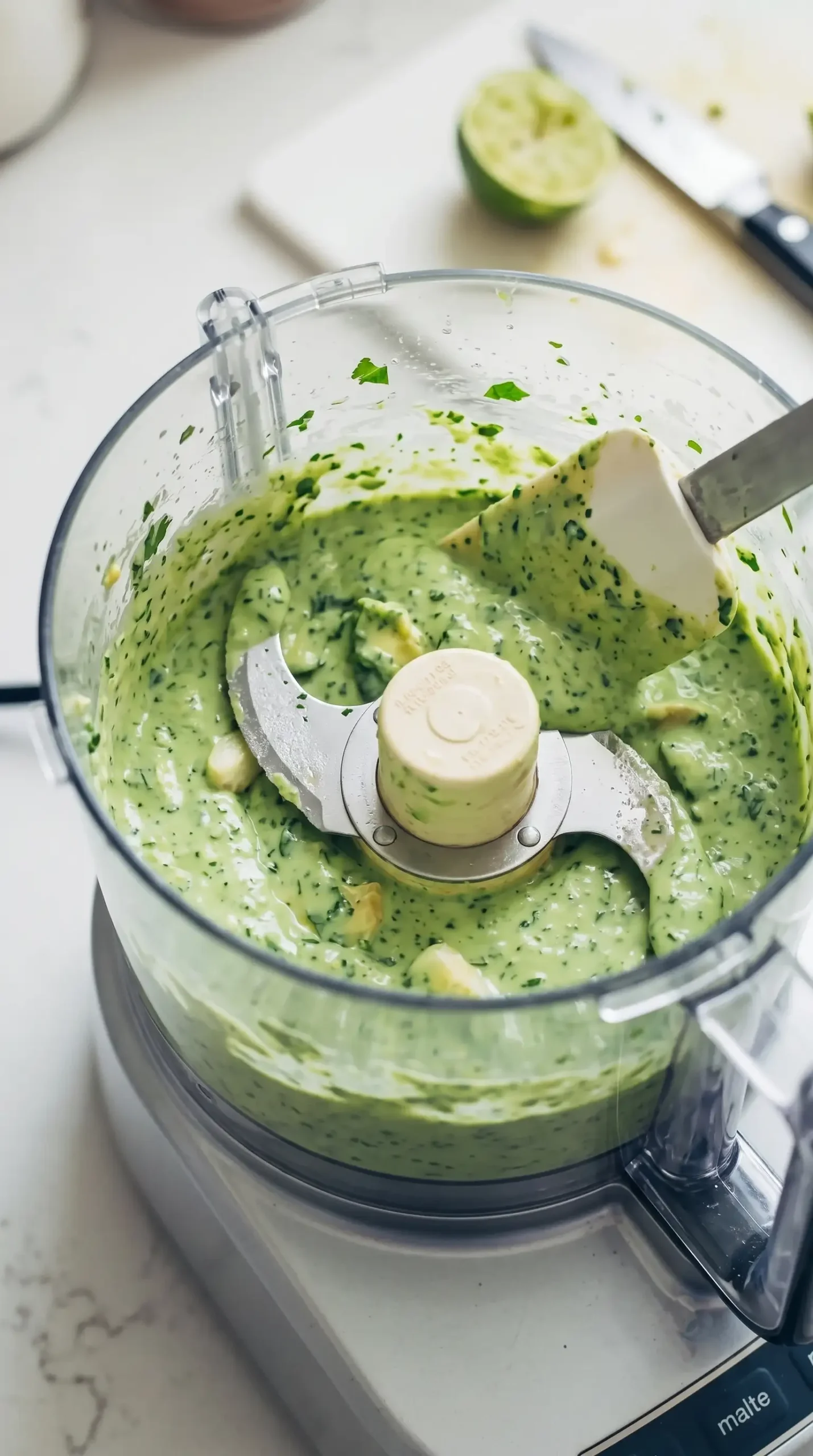 Avocado cilantro dressing ingredients blended in a food processor
