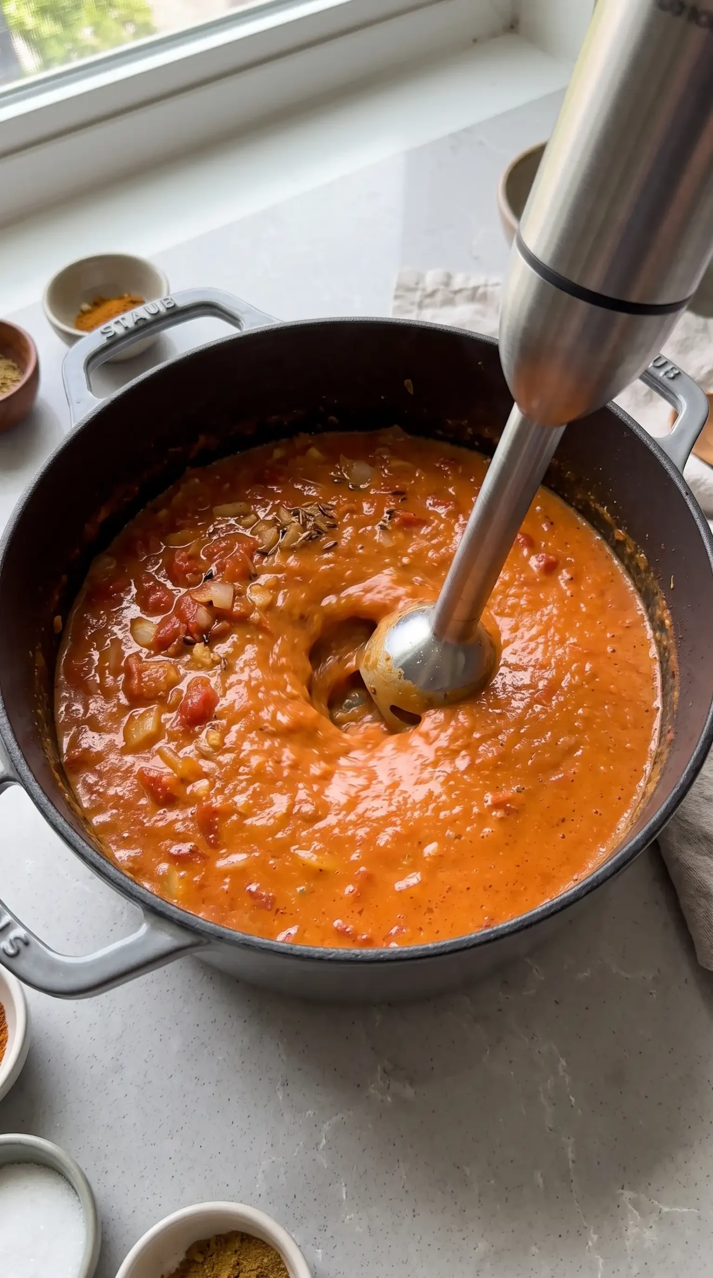 Blending tomato and spice sauce mixture for butter chicken meatballs