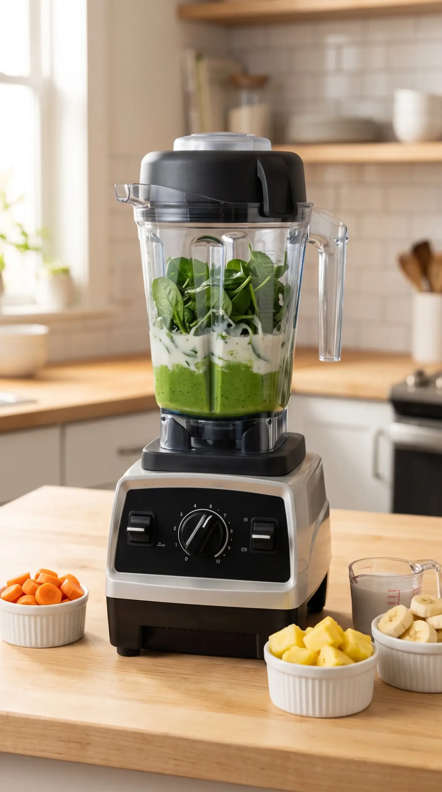 Blender jar with spinach and coconut milk prepared for a carrot cake smoothie bowl