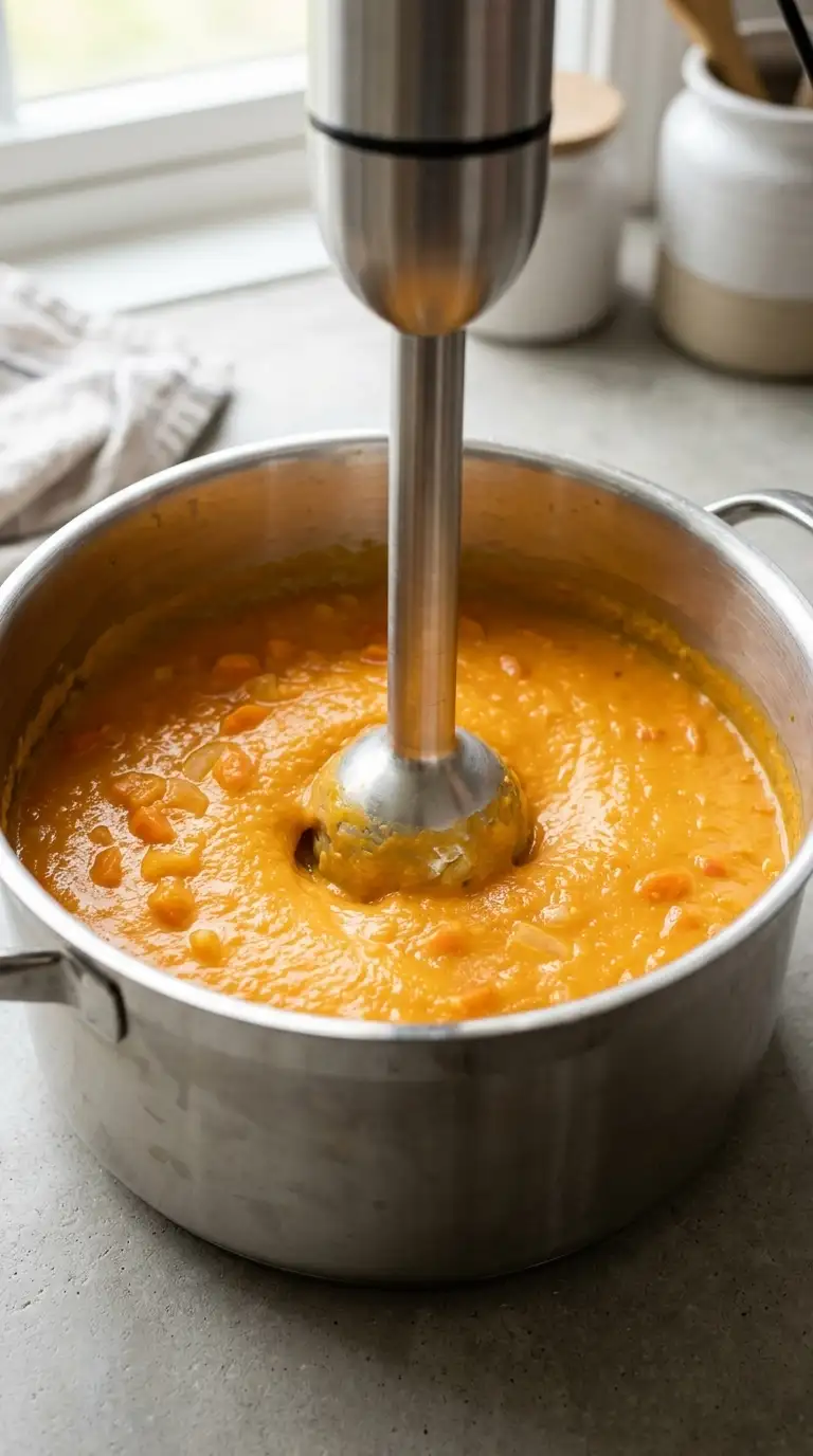 Carrot and coconut milk soup mixture being blended smooth in a pot with an immersion blender