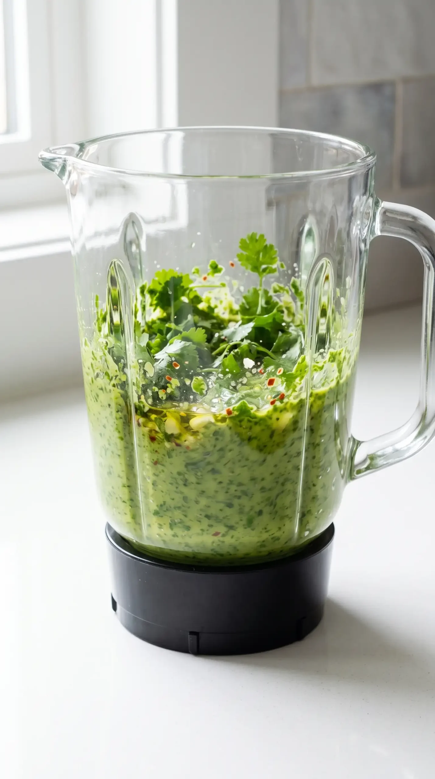 Blender combining fresh cilantro, olive oil, vinegar, garlic, and seasonings