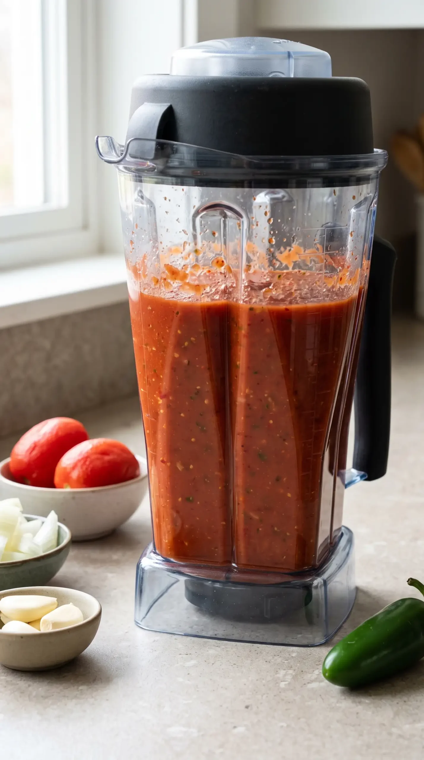 Blender jar filled with freshly blended red enchilada sauce and tomato ingredients