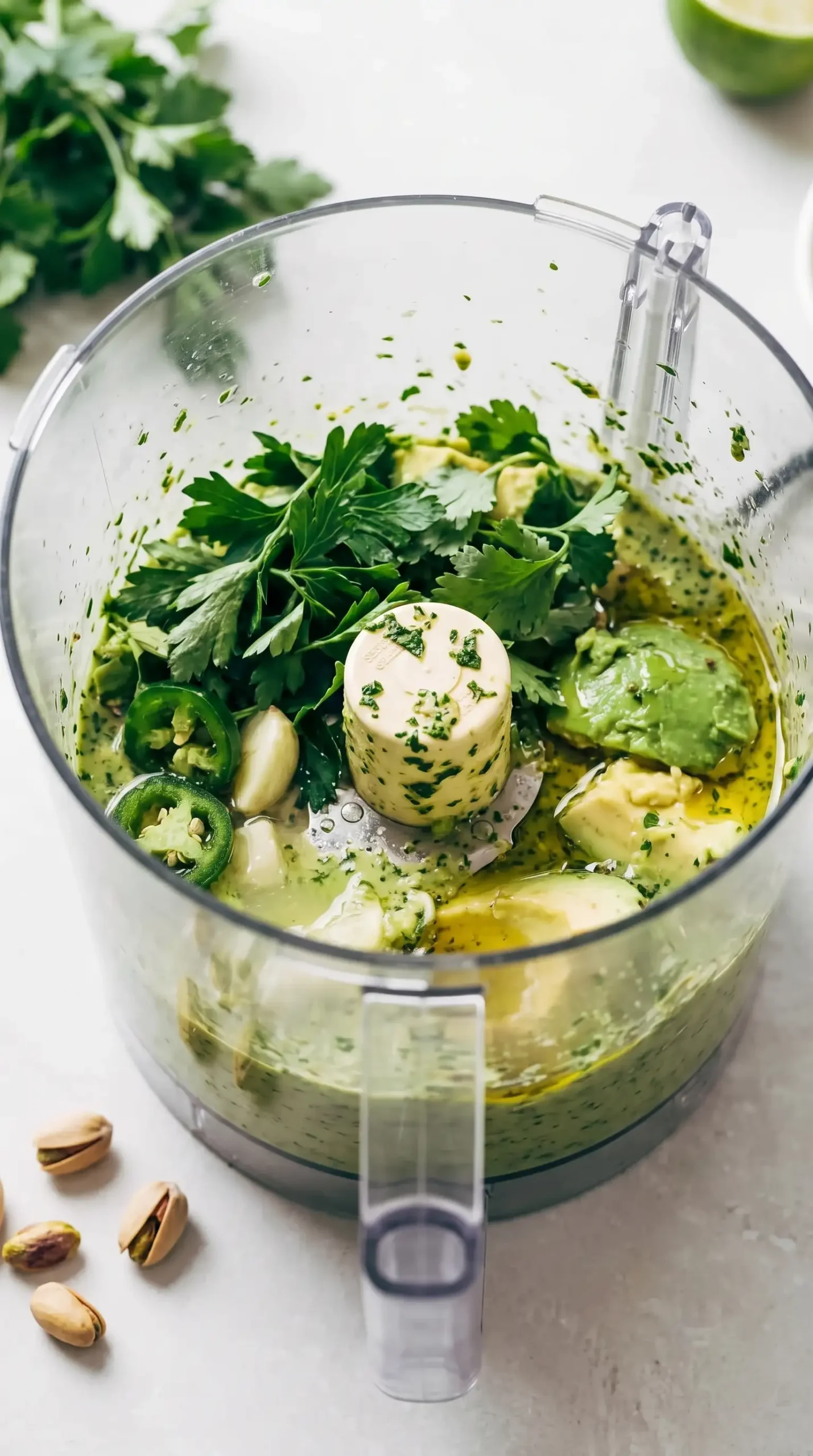 Food processor blending avocado, herbs, lime, garlic, oil, and pistachios into green sauce