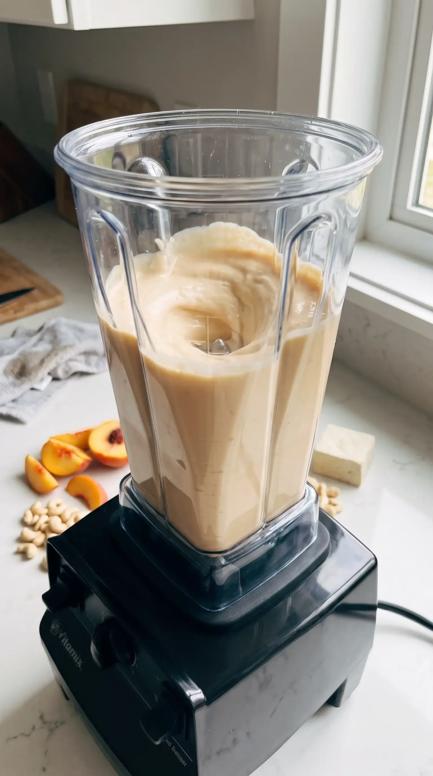 Blended peach vegan yogurt mixture with tofu and cashews in a blender