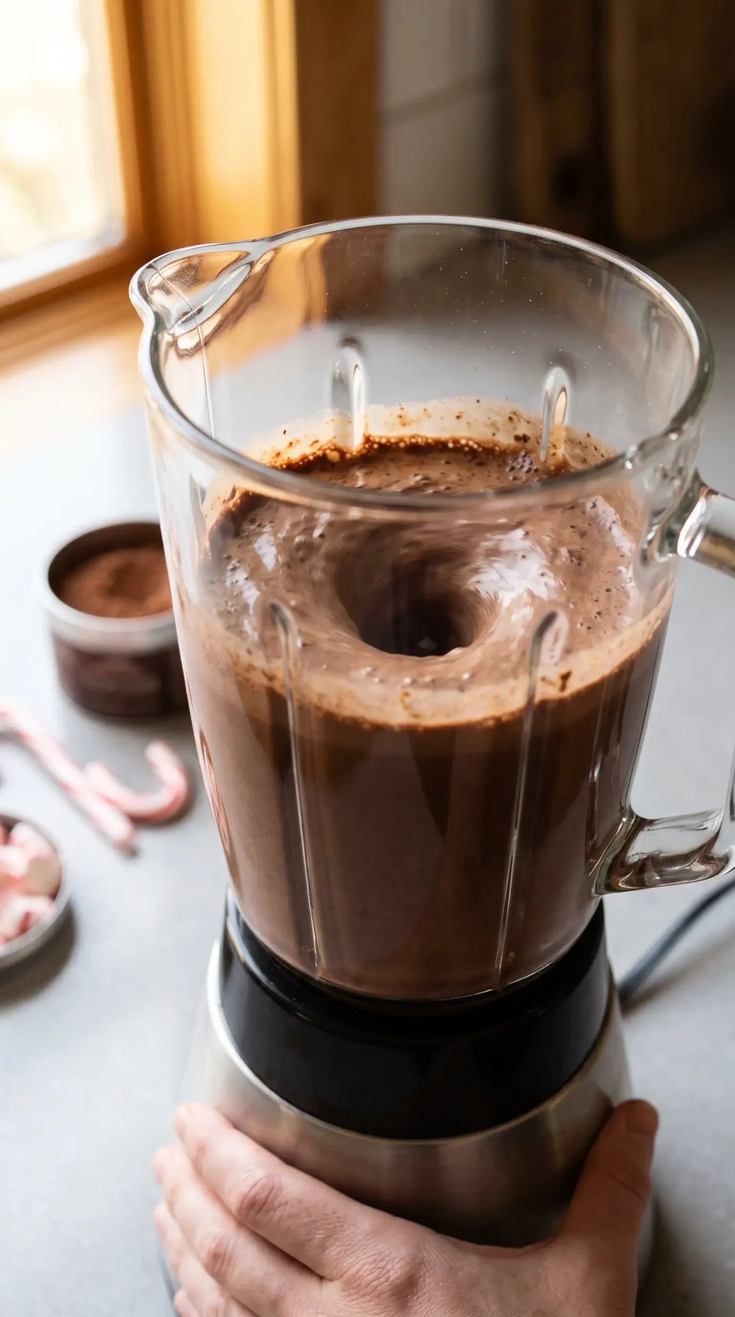 Blender combining coffee, cocoa, coconut milk, and protein powder into mocha