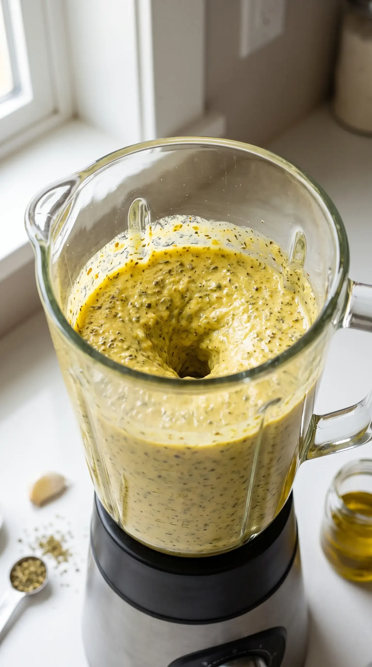 Blender with creamy sunshine sauce mixture being combined
