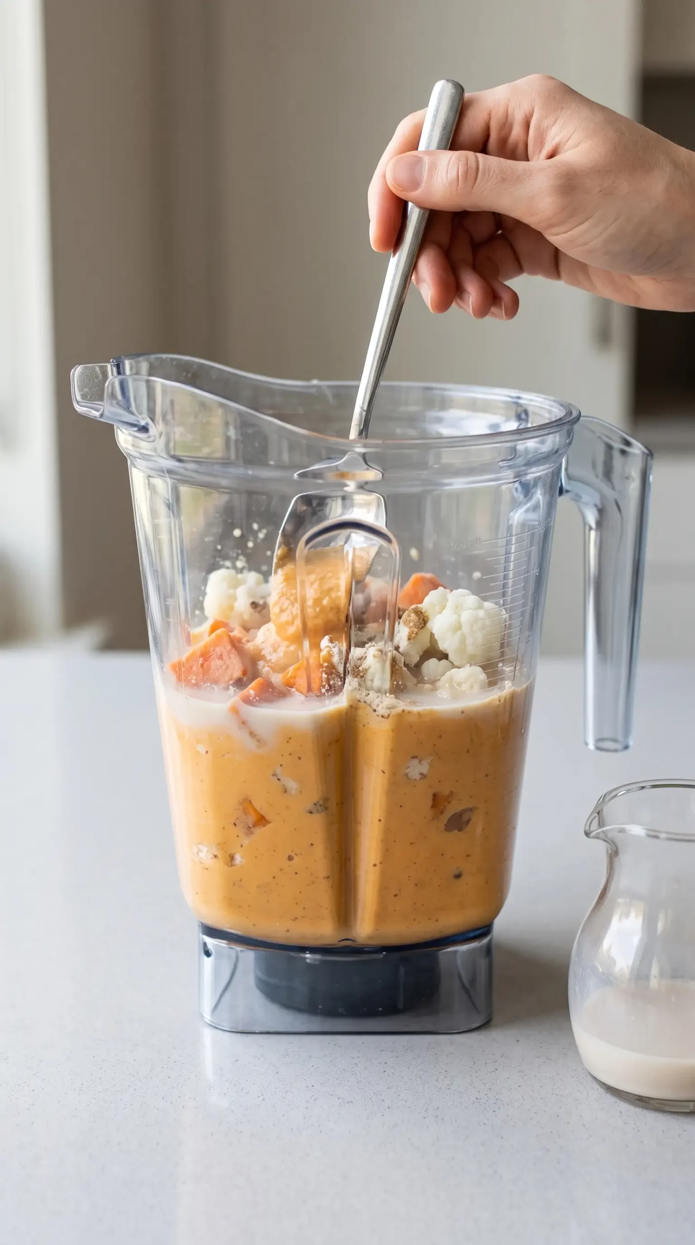 Blender jar with sweet potato milkshake mixture before final smooth blending