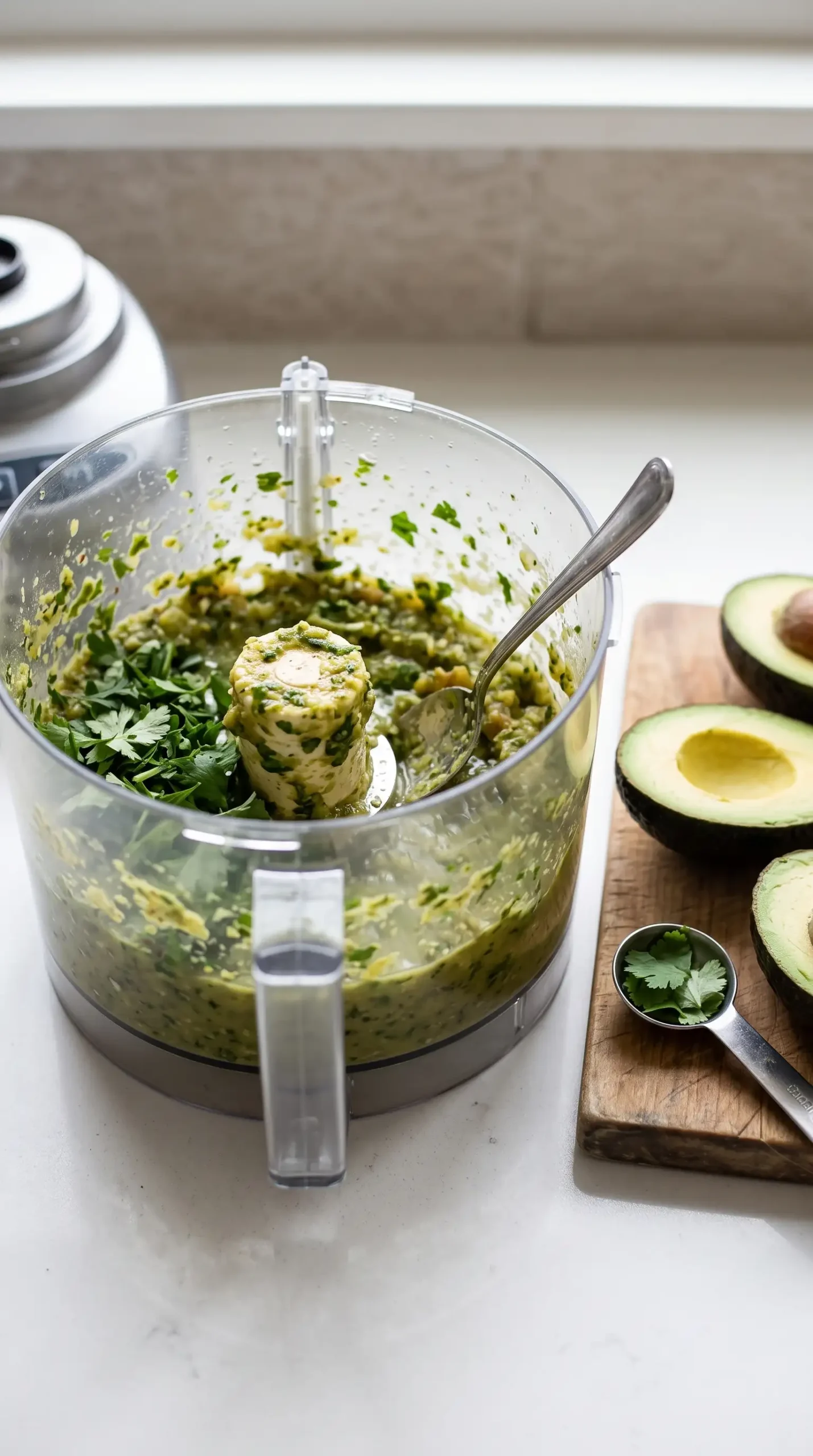 Food processor blending lime mixture, salsa verde, and herbs for tomatillo avocado dip