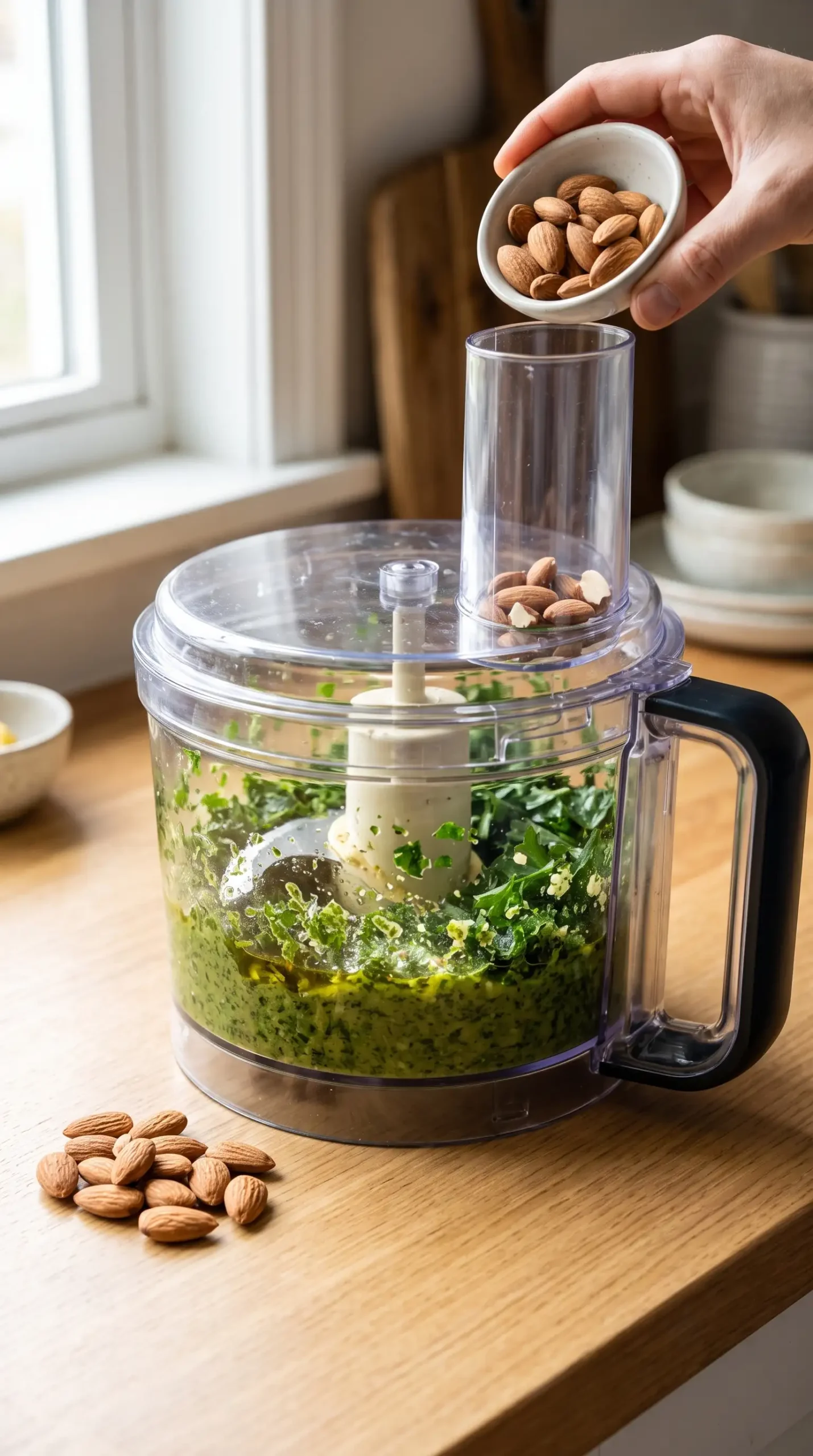 Food processor blending kale, parsley, olive oil, lemon, garlic, and almonds
