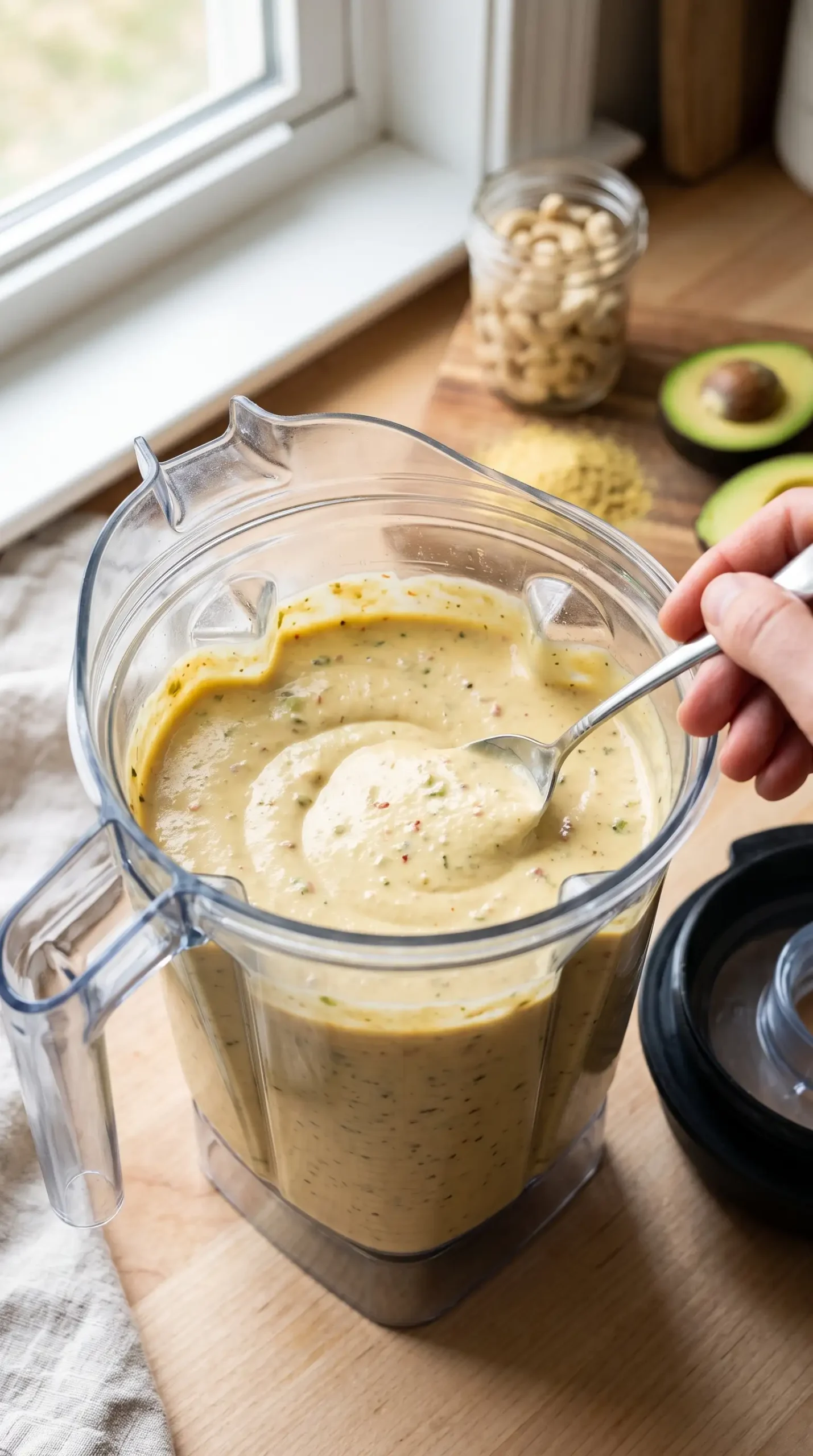Blended cashew mixture with green chile flecks being prepared for vegan queso