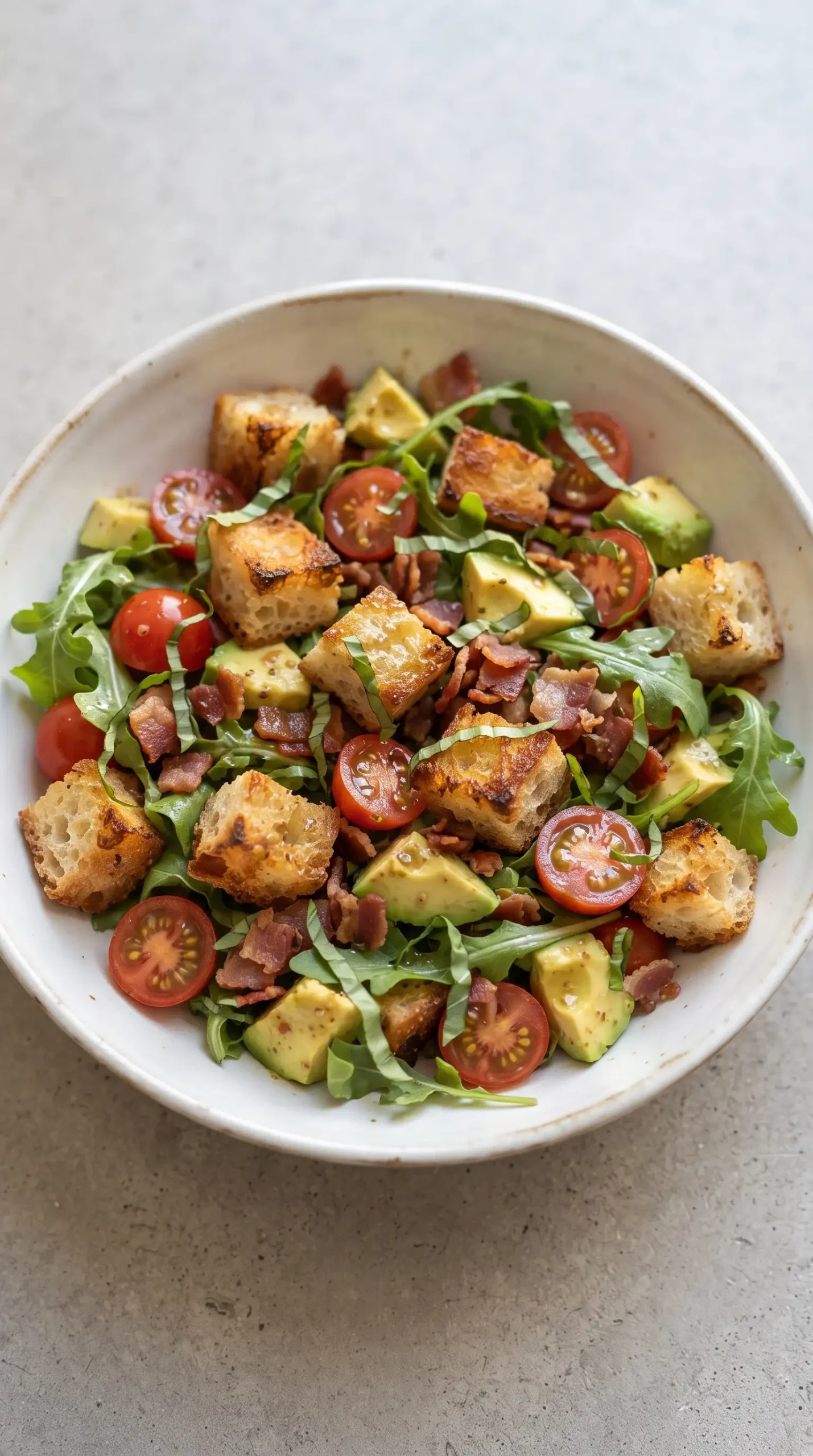 BLT Panzanella salad with toasted ciabatta, cherry tomatoes, bacon, avocado, and greens