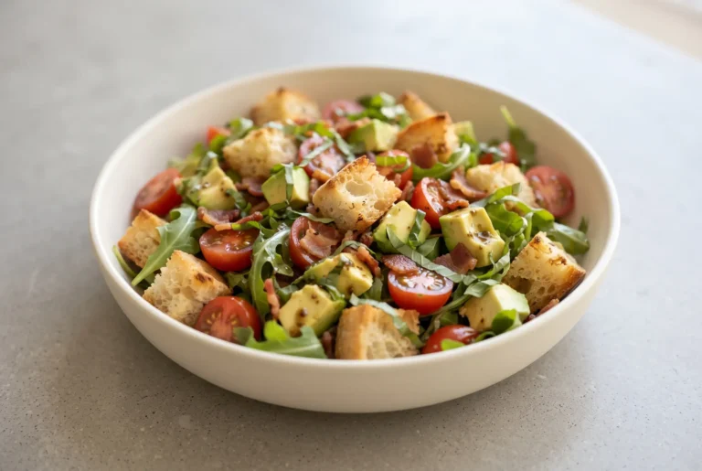 BLT Panzanella with toasted ciabatta, bacon, avocado, tomatoes, arugula, and basil in a bowl