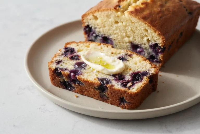 Slice of blueberry lemon bread with moist crumb, blueberries, and a loaf on a ceramic plate