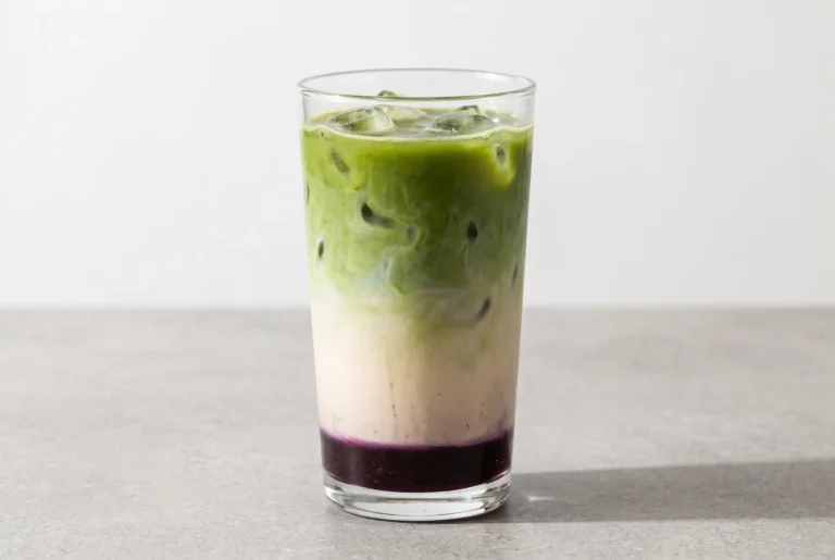 Blueberry matcha latte with oat milk, blueberry syrup, ice, and layered green and purple colors in a glass