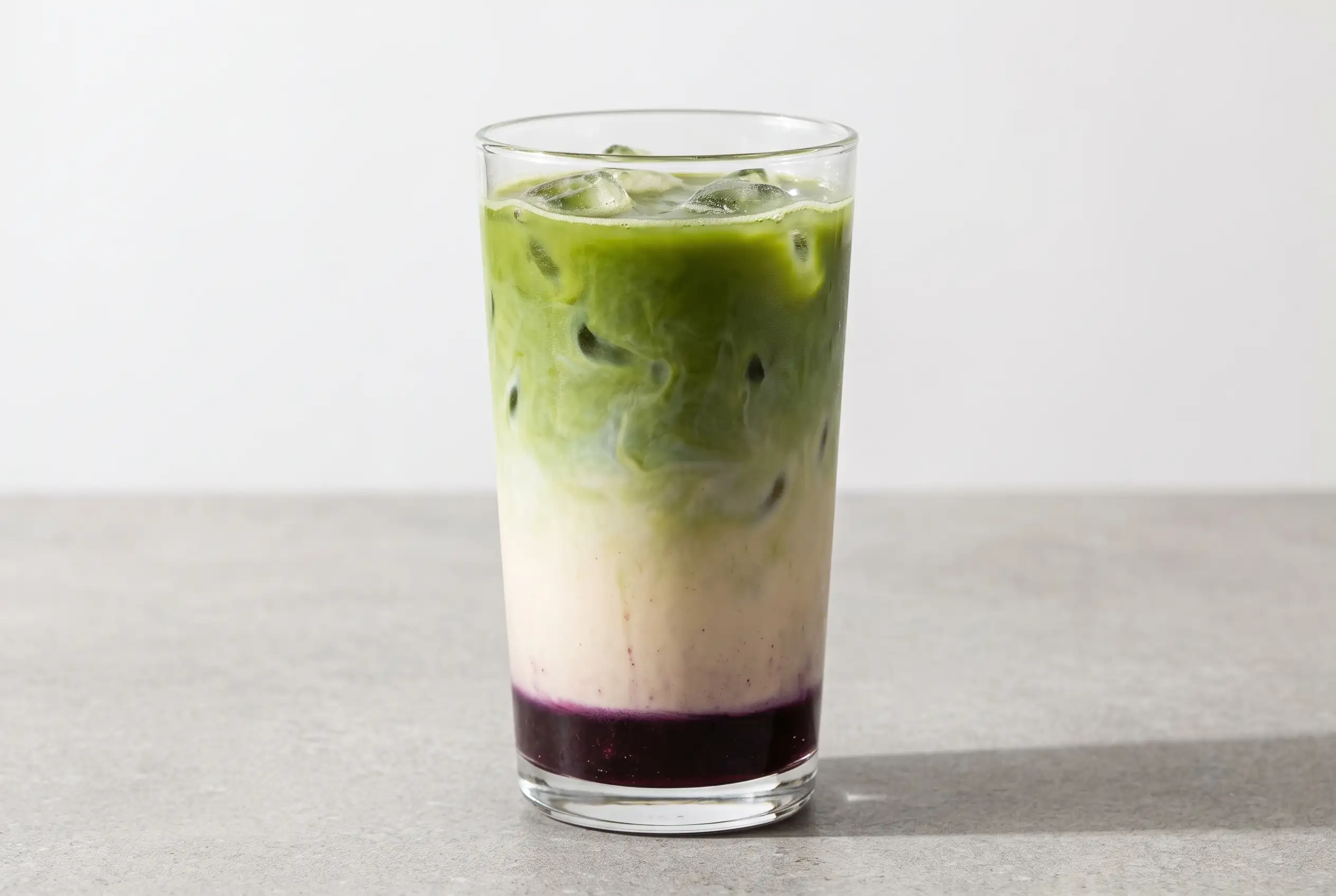Blueberry matcha latte with oat milk, blueberry syrup, ice, and layered green and purple colors in a glass