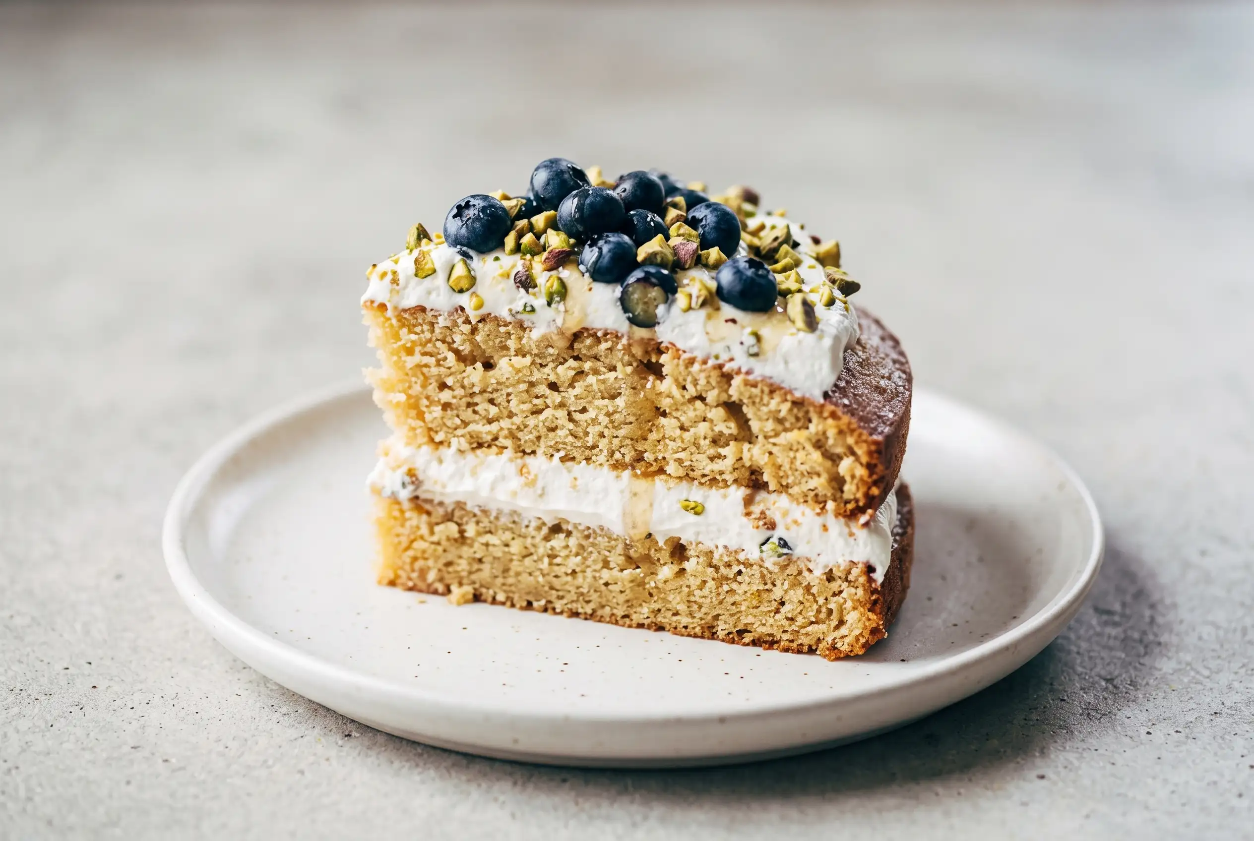 Slice of blueberry orange cake with whipped cream, blueberries, pistachios, and agave drizzle