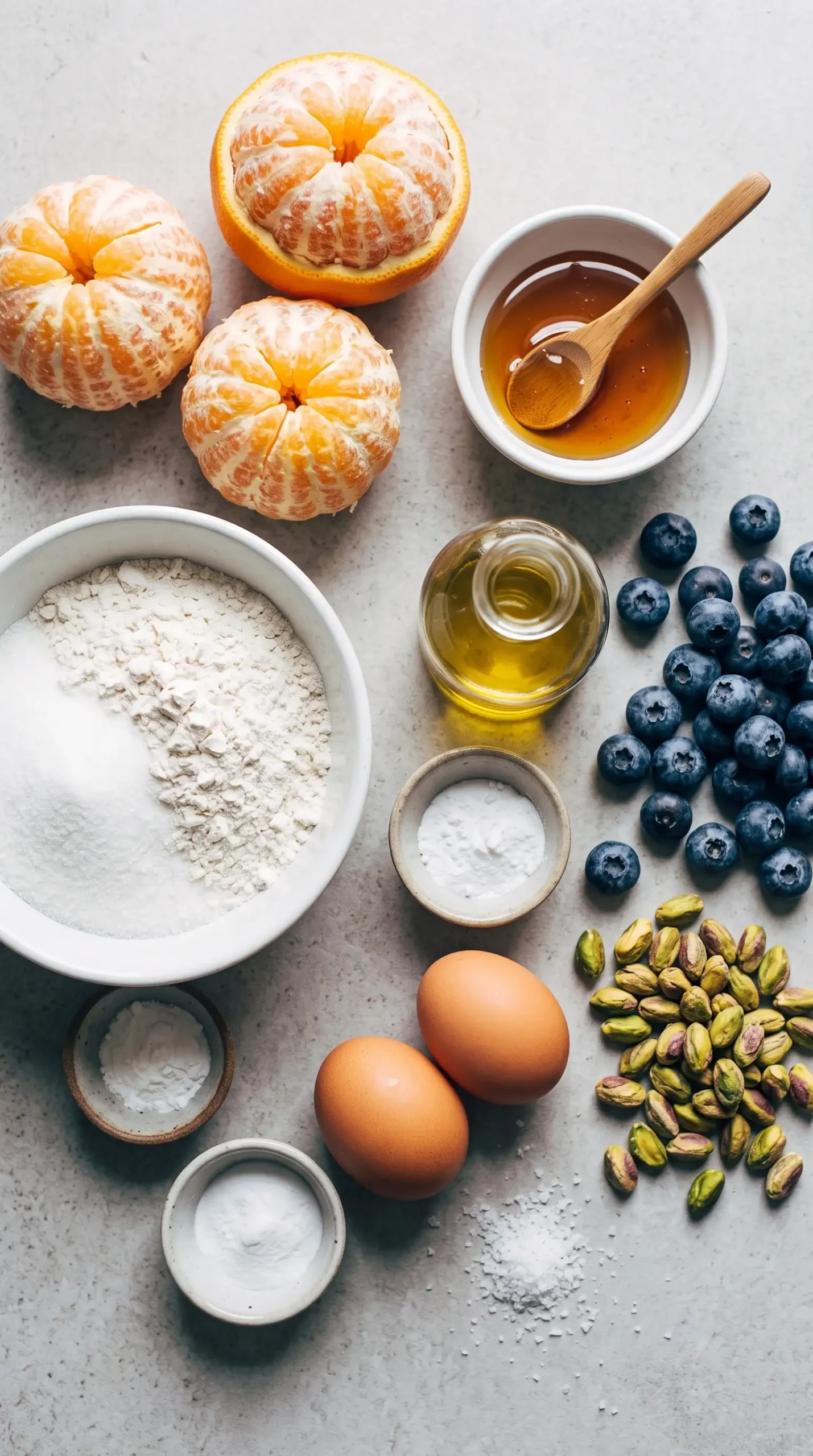 Ingredients for blueberry orange brunch cake with oranges, agave, blueberries, pistachios, and baking supplies
