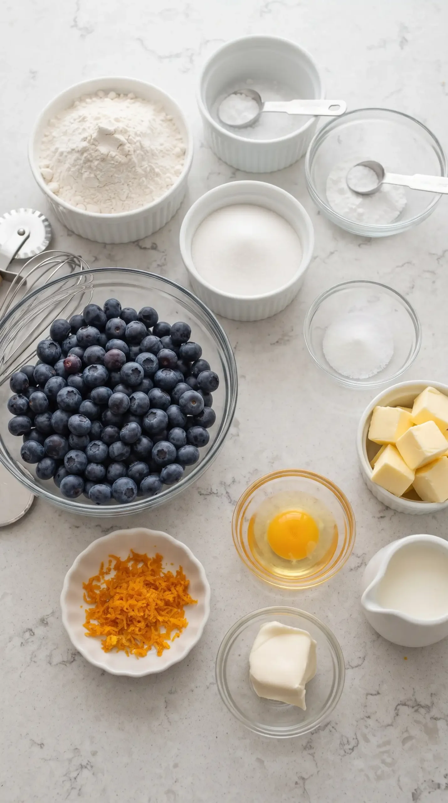 Fresh blueberries, orange zest, flour, butter, and ingredients for blueberry scones