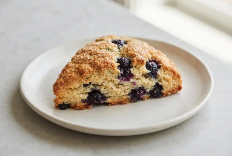 Bakery-style blueberry scone with fresh blueberries and golden sugar topping on a ceramic plate