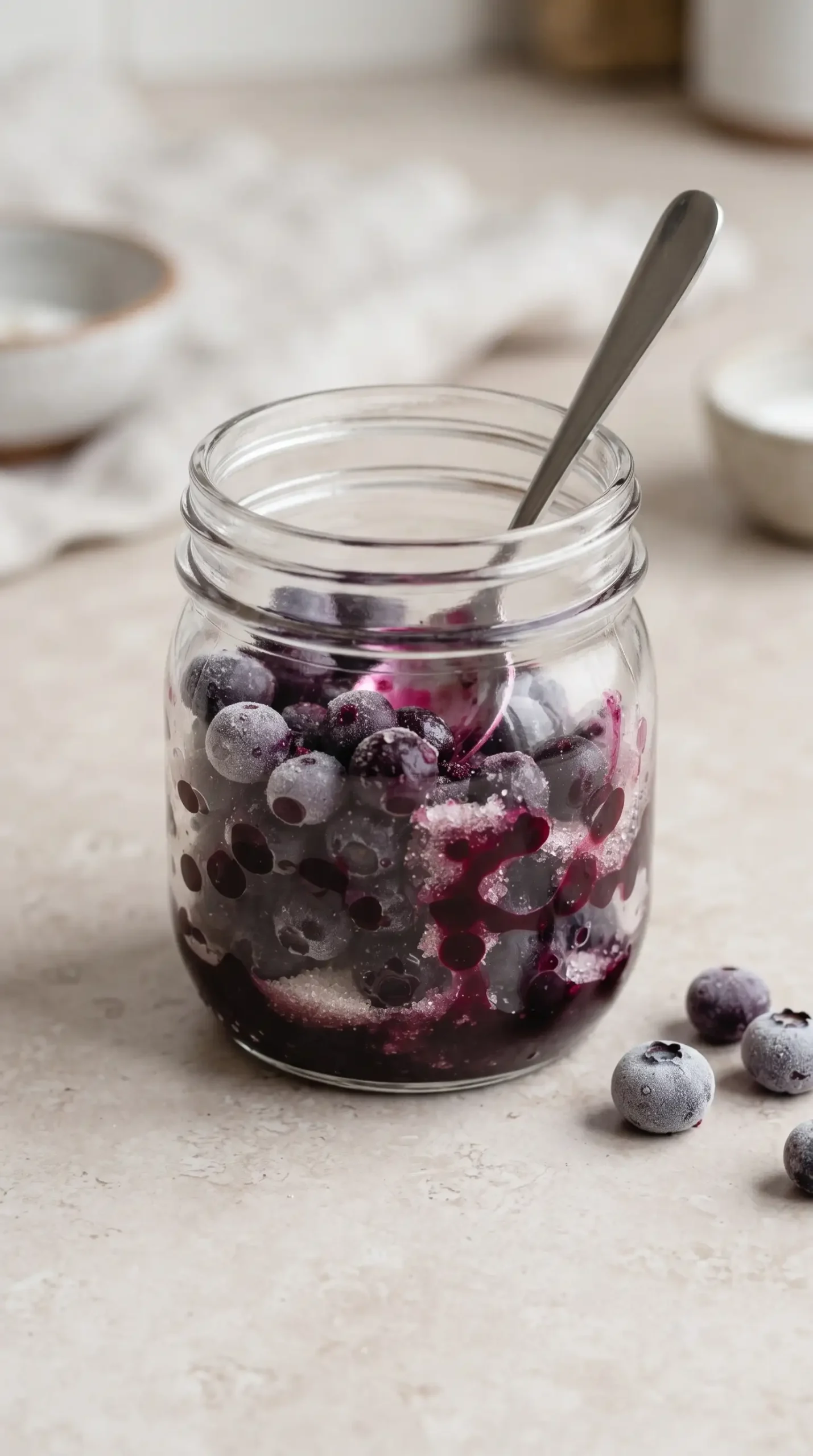 Frozen blueberries releasing purple syrup in a jar for a blueberry matcha latte