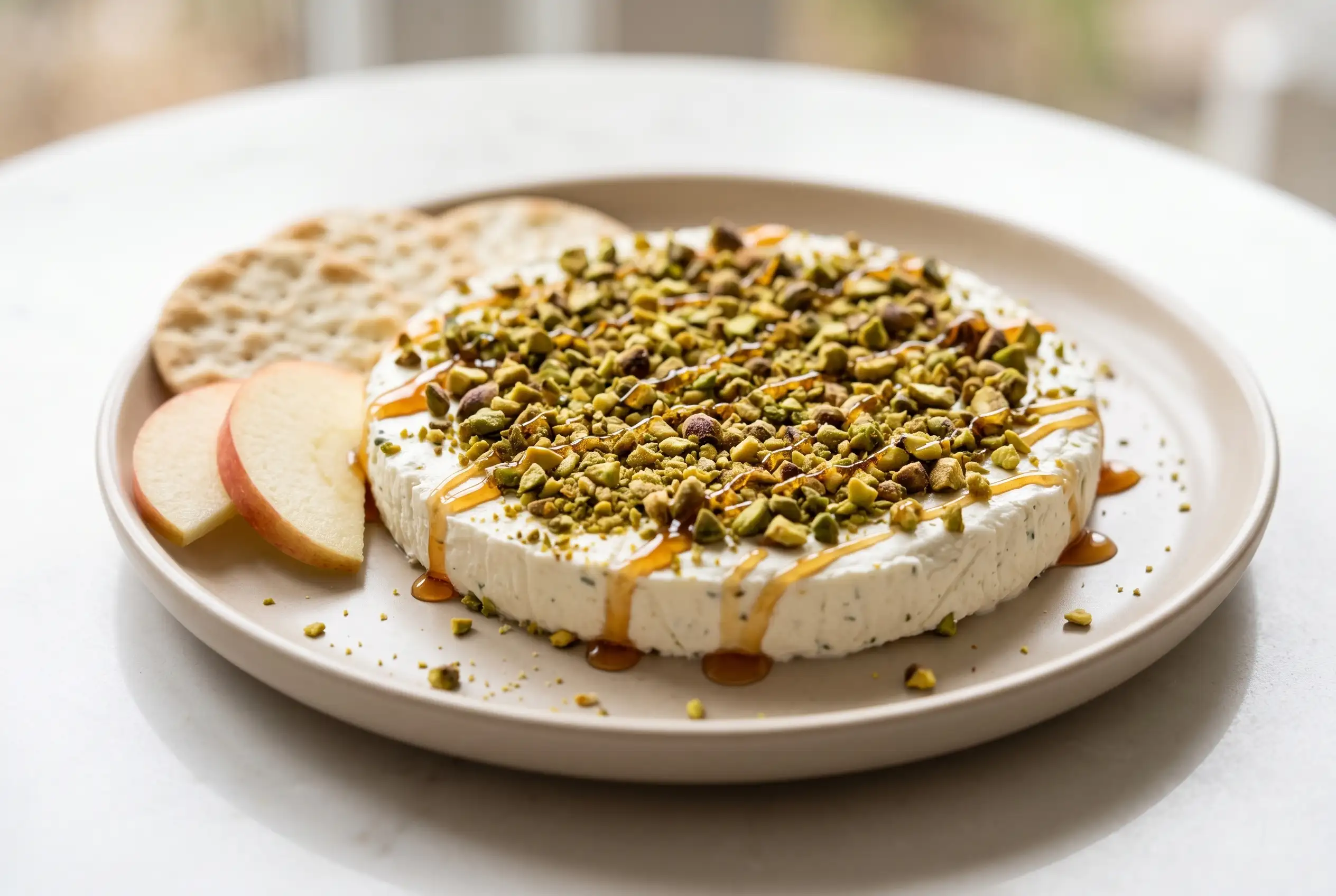 Boursin appetizer with pistachios and hot honey drizzle served with crackers and apple slices
