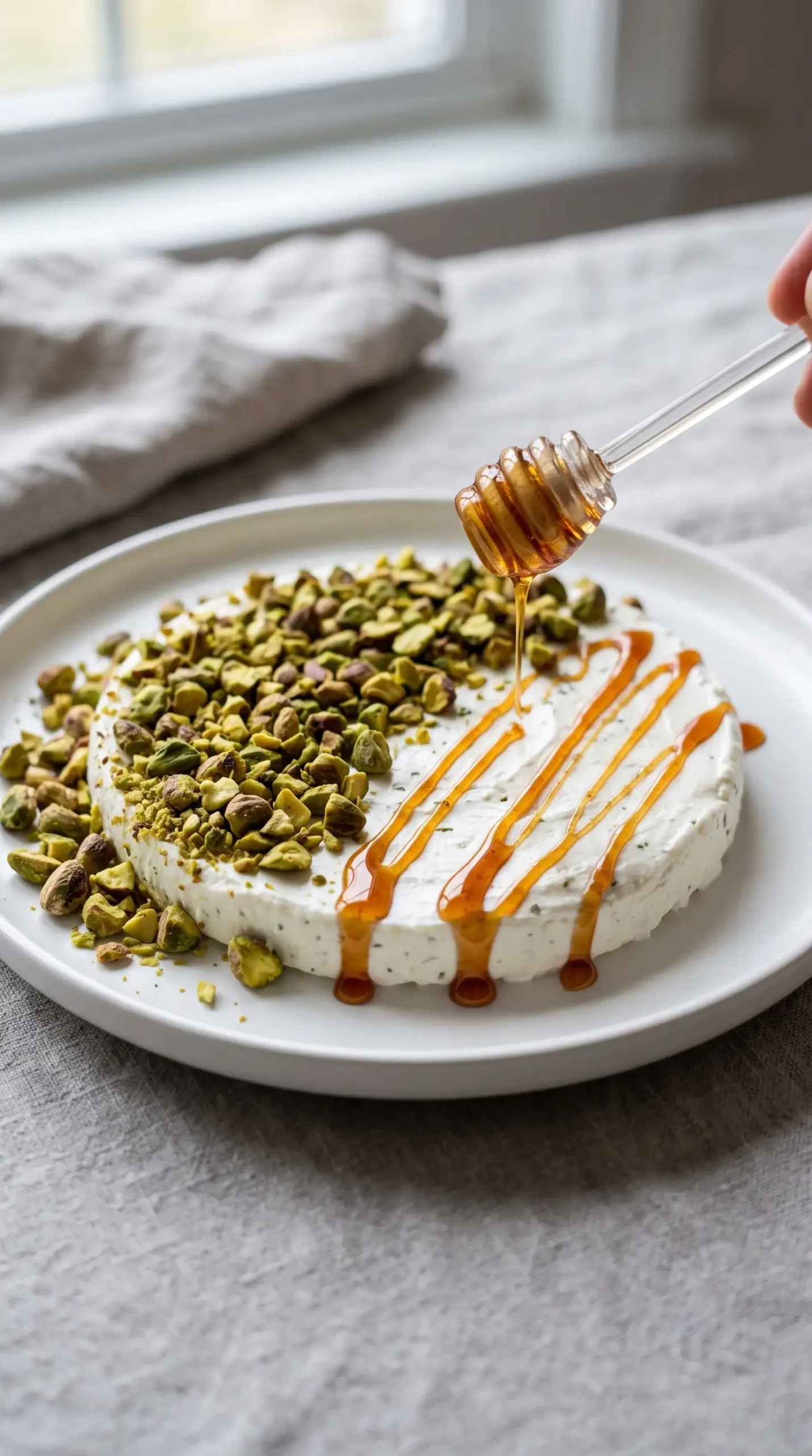 Garlic herb Boursin cheese topped with chopped pistachios and hot honey drizzle