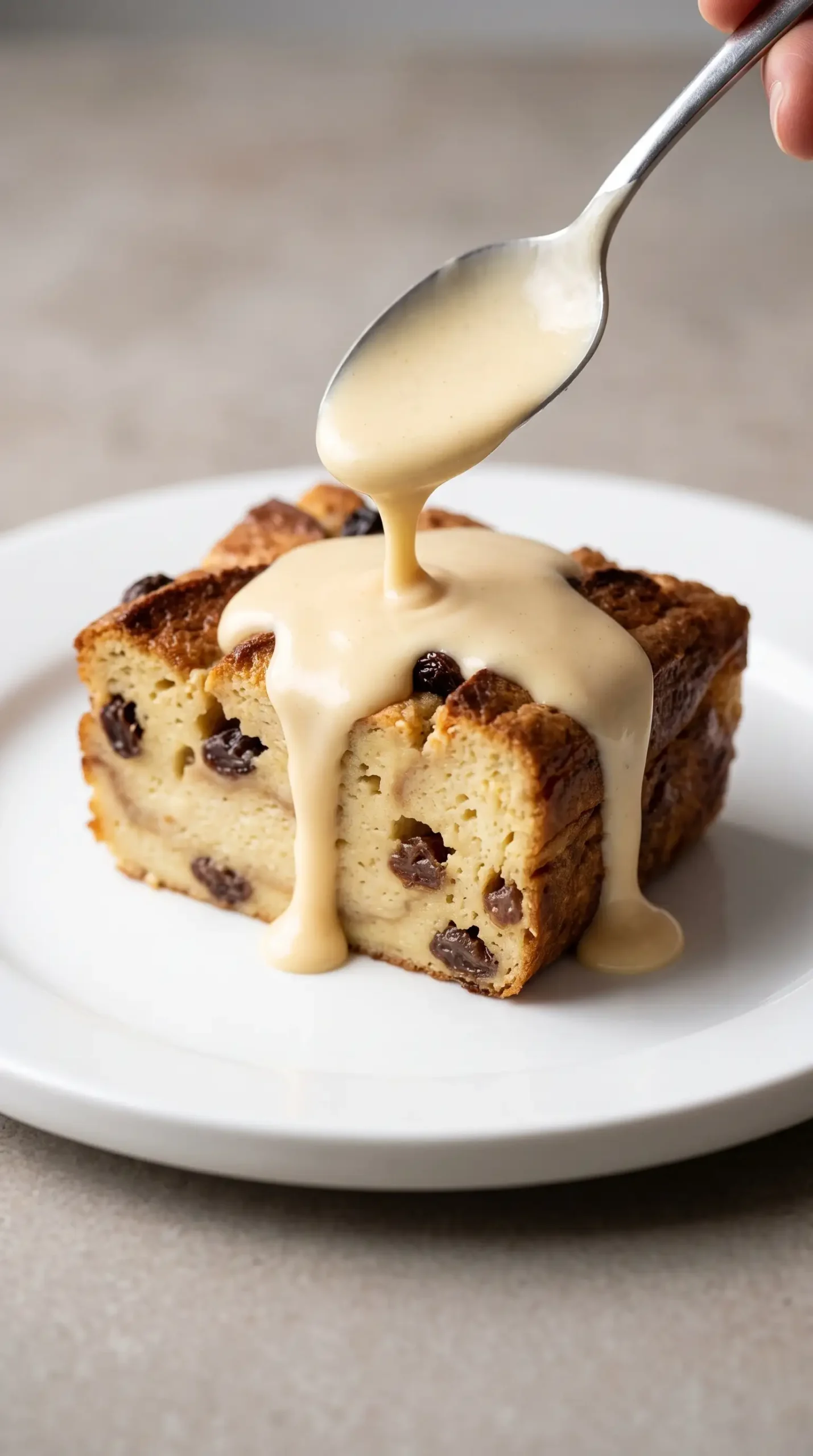 Slice of bread pudding with raisins receiving warm butter rum sauce