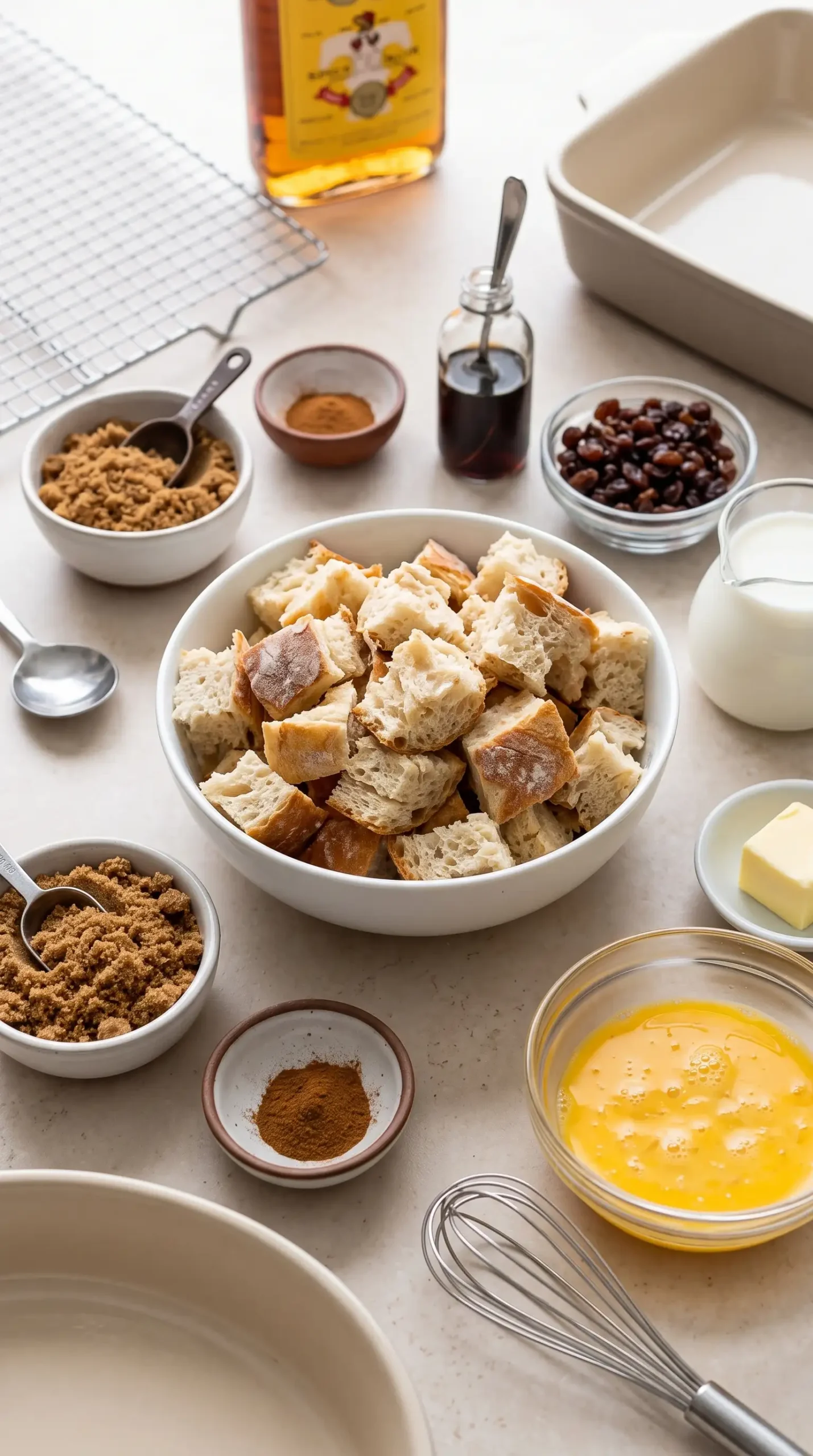 French bread cubes and ingredients prepared for making bread pudding