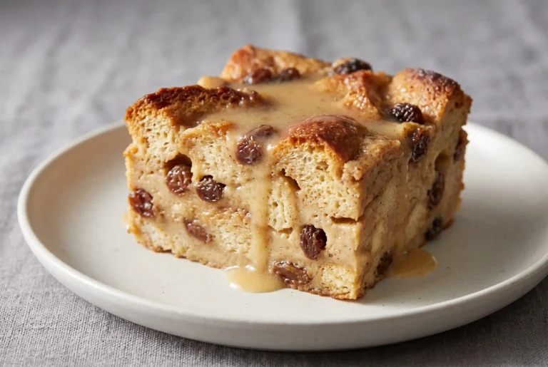 Bread pudding slice with raisins topped with warm butter rum sauce on a ceramic plate