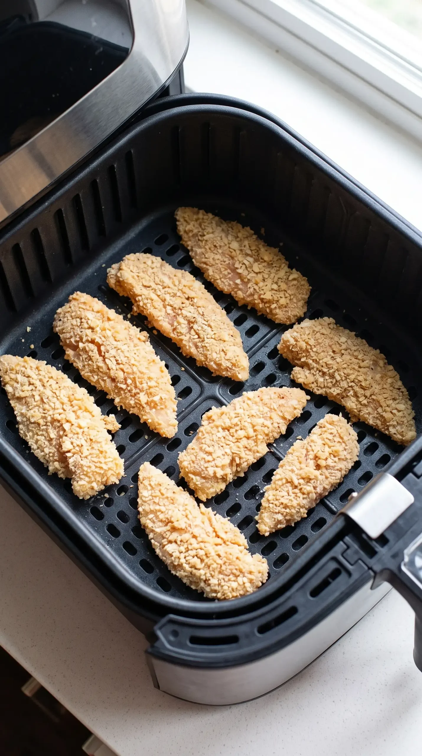 Breaded chicken tenders arranged in a single layer inside an air fryer basket