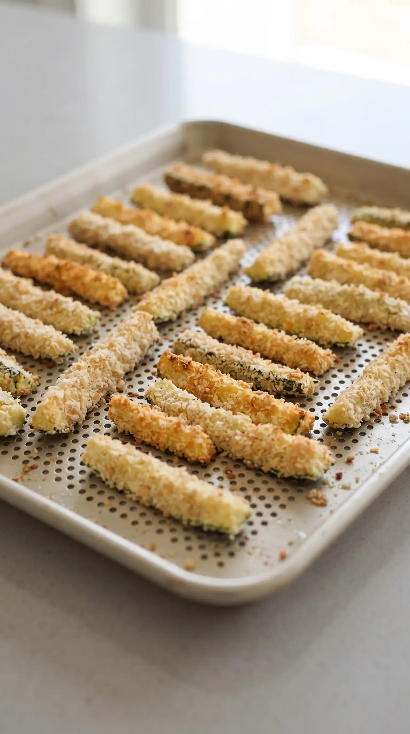 Breaded zucchini sticks arranged on a baking sheet before oven baking