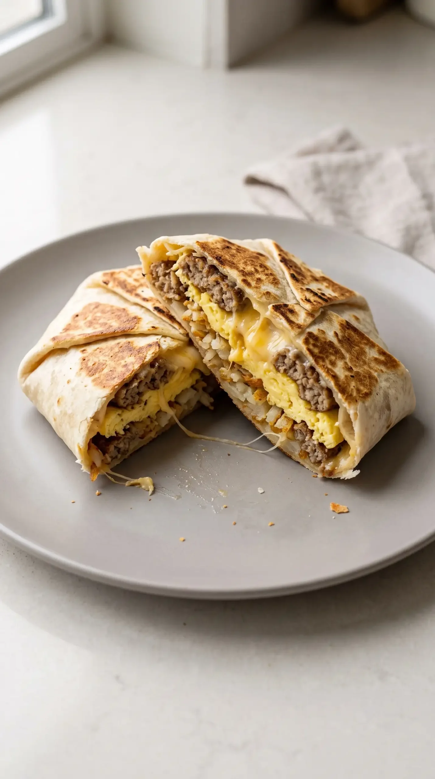 Cut breakfast crunchwrap showing sausage, scrambled eggs, hashbrowns, and melted cheese