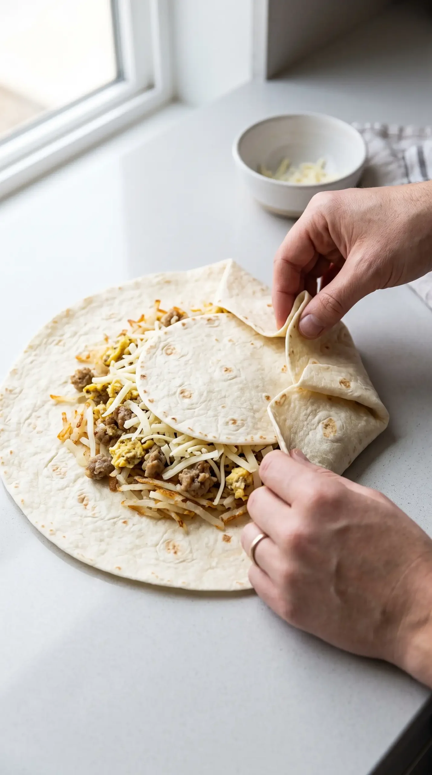 Flour tortilla layered with sausage, eggs, potatoes, and cheese before folding into a crunchwrap