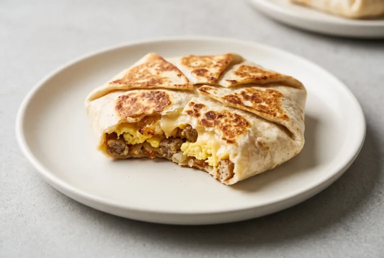 Breakfast crunchwrap with sausage, eggs, crispy potatoes, and melted cheese on a plate