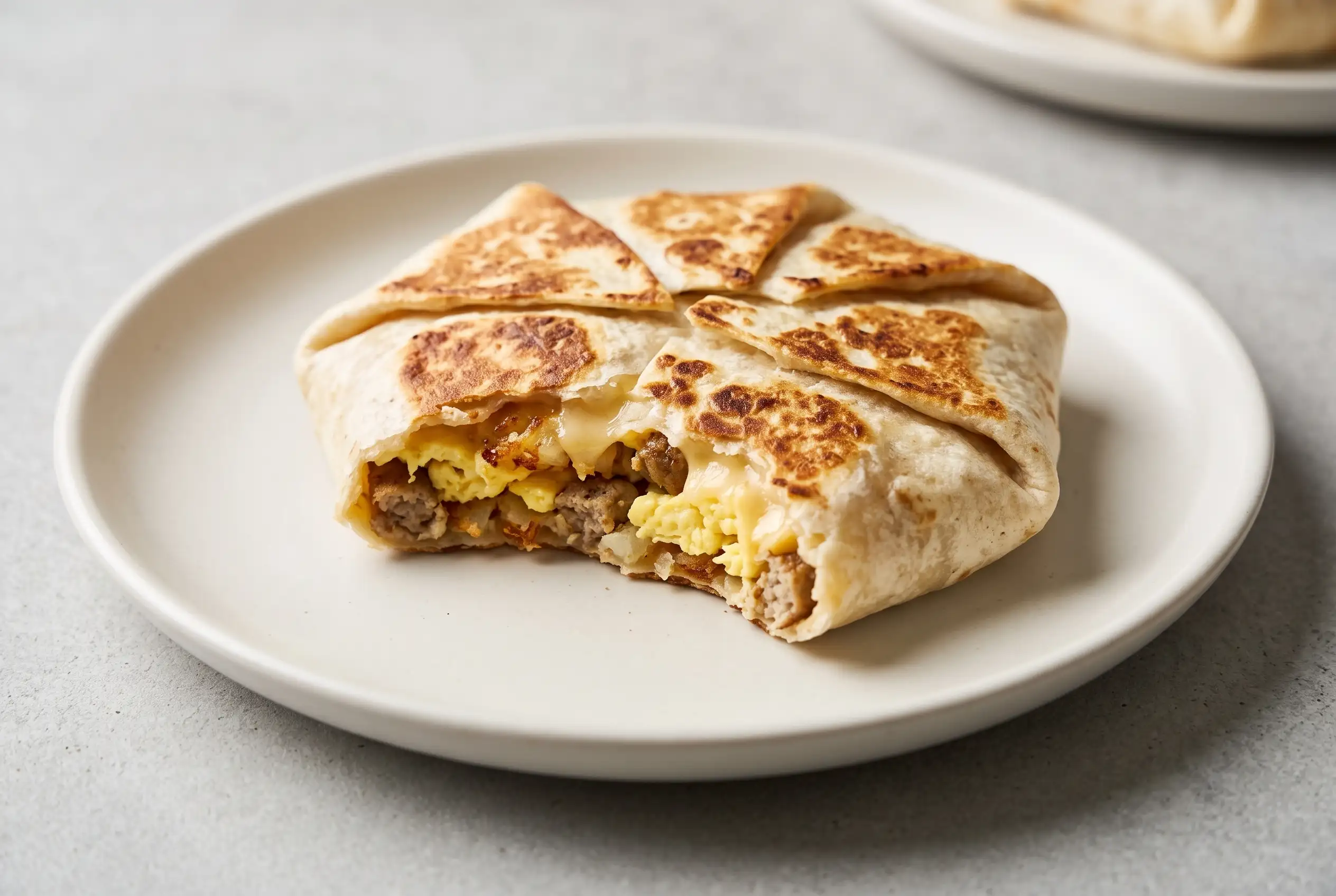 Breakfast crunchwrap with sausage, eggs, crispy potatoes, and melted cheese on a plate