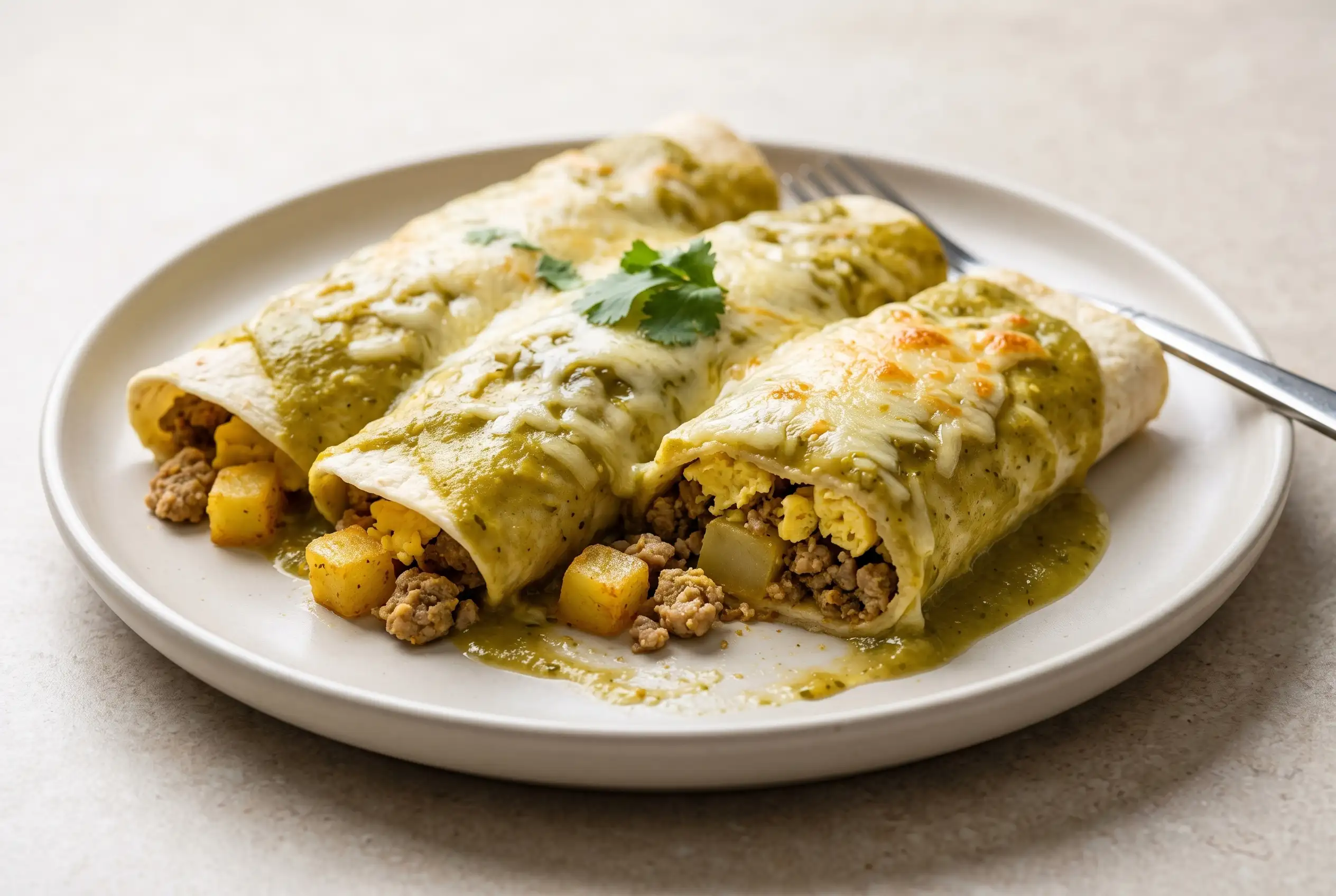 Breakfast enchiladas with turkey, eggs, potatoes, cheese, and roasted poblano sauce on a plate