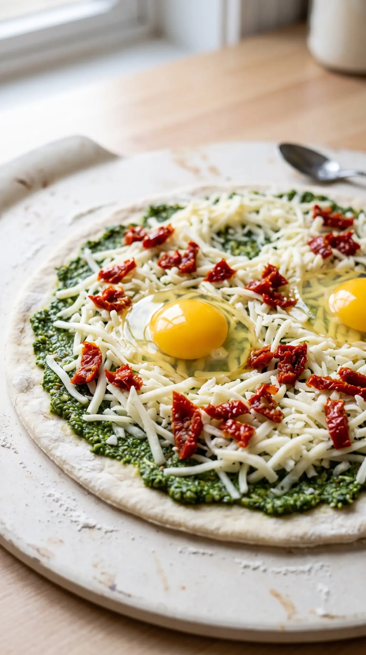 Breakfast pizza assembly with pesto, mozzarella, sun dried tomatoes, and raw eggs