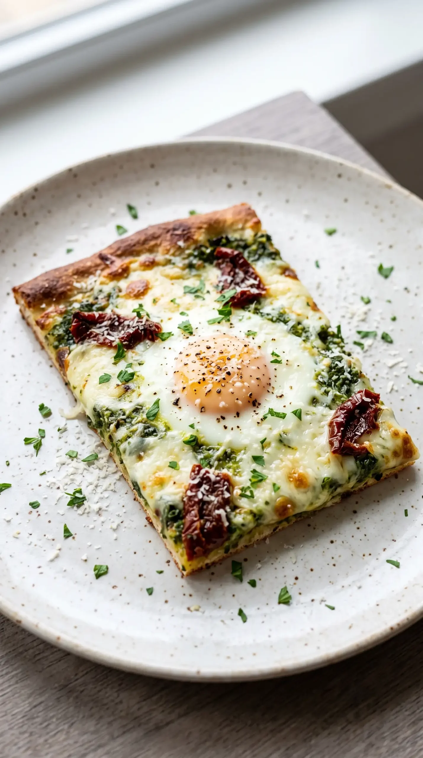 Slice of breakfast pizza with kale pesto, sun dried tomatoes, cheese, and baked egg