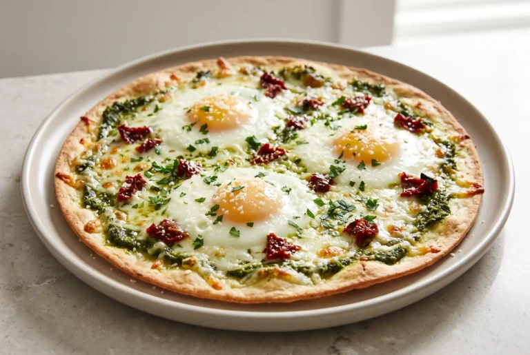 Breakfast pizza with kale pesto, sun dried tomatoes, mozzarella, and baked eggs on a plate