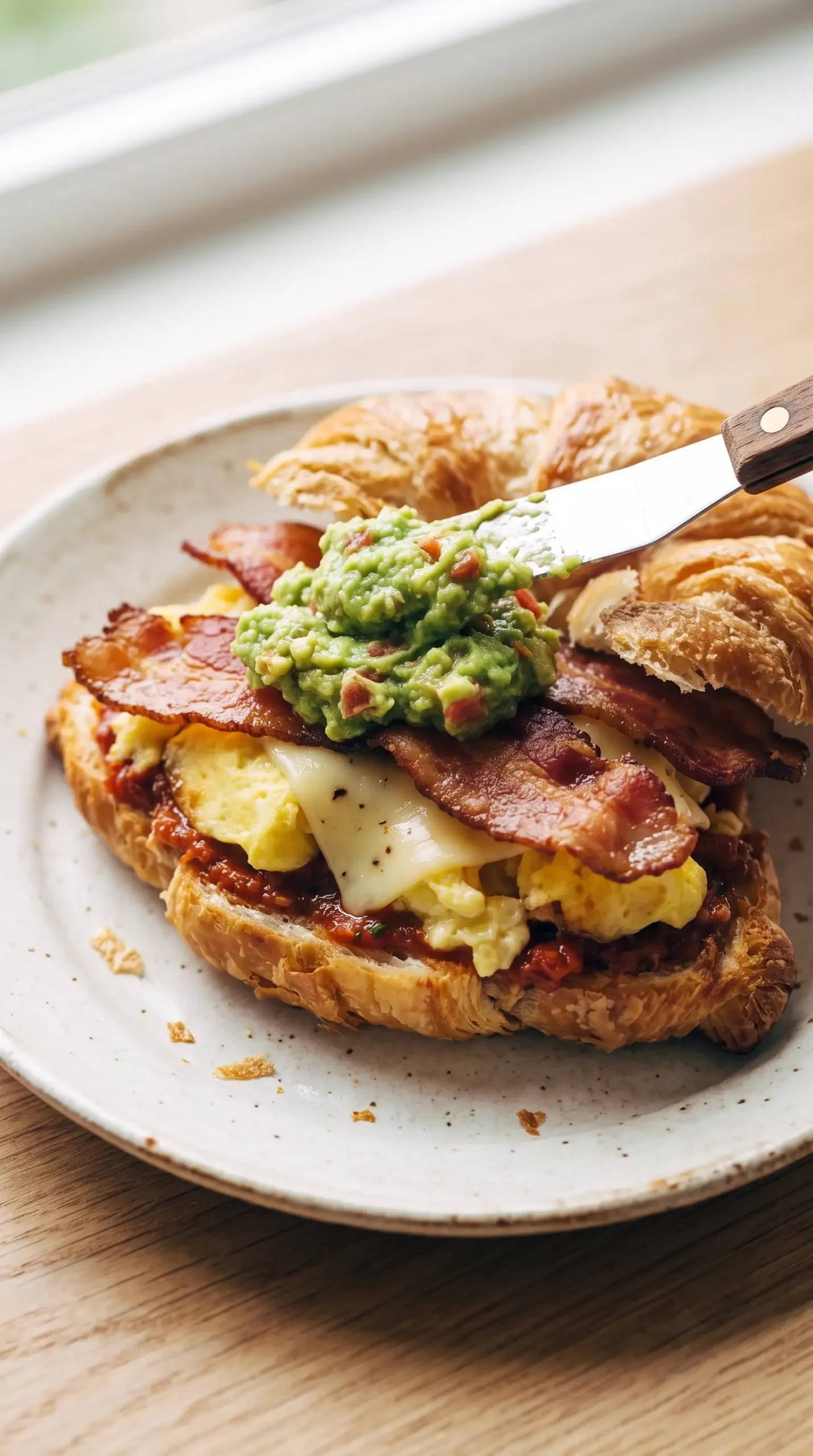 Croissant breakfast sandwich being assembled with eggs, cheese, bacon, sauce, and guacamole