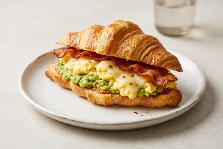 Breakfast sandwich on a toasted croissant with scrambled eggs, bacon, pepper jack cheese, and guacamole