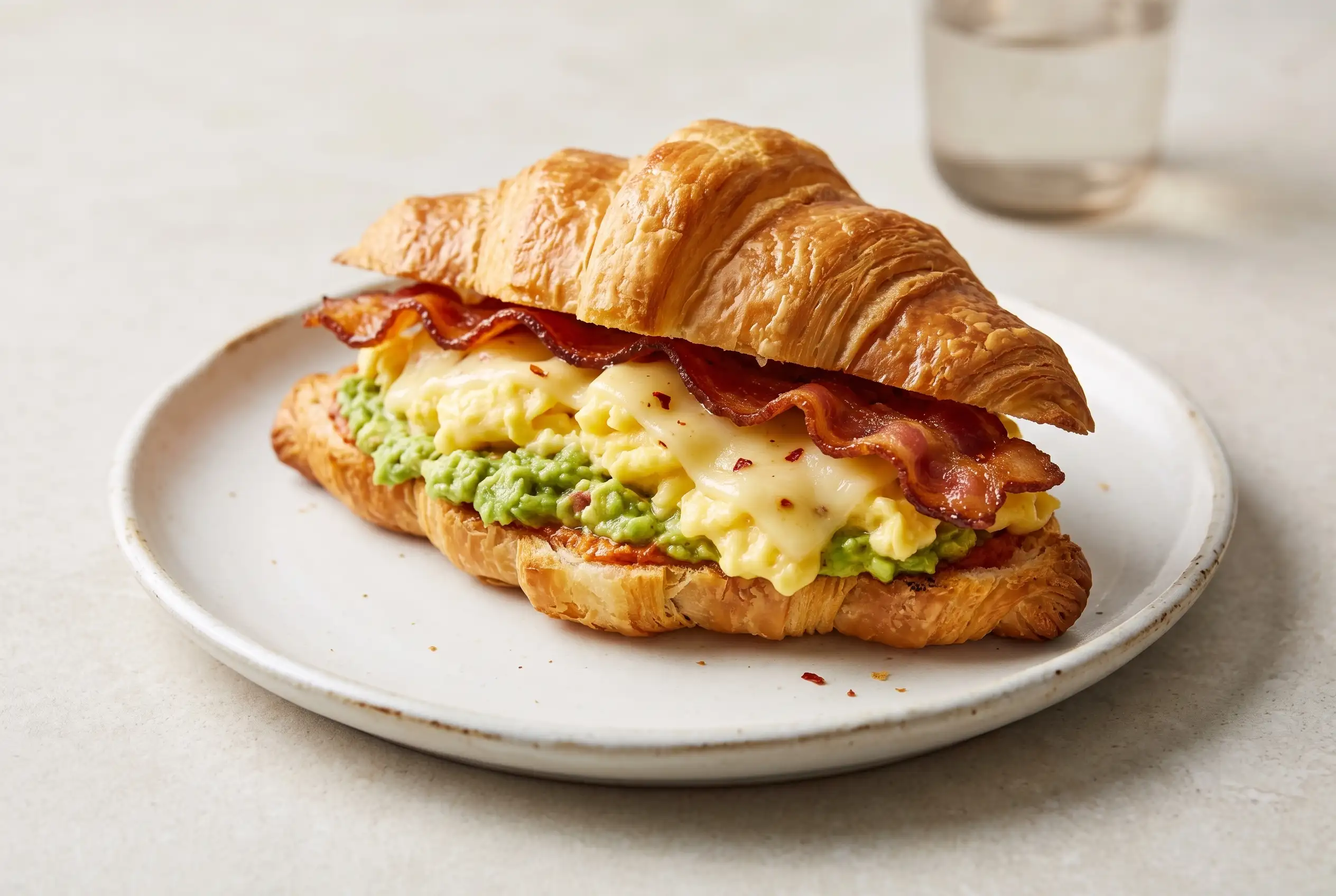 Breakfast sandwich on a toasted croissant with scrambled eggs, bacon, pepper jack cheese, and guacamole