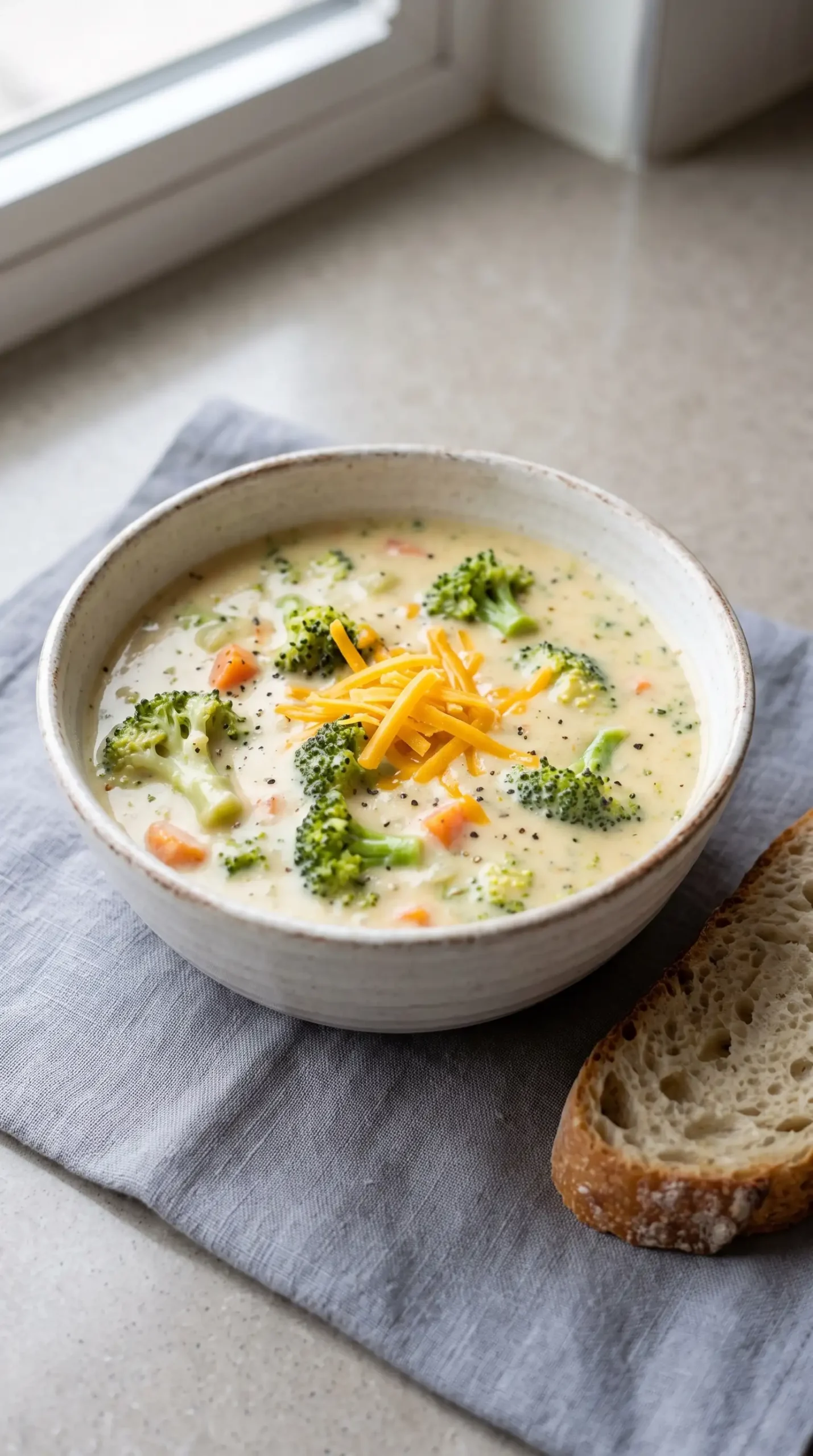 Serving of broccoli cheddar soup with grated cheese topping and crusty bread