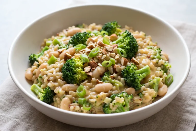 Broccoli cheese rice with brown rice, white beans, broccoli, cheddar sauce, almonds, and green onions in a bowl