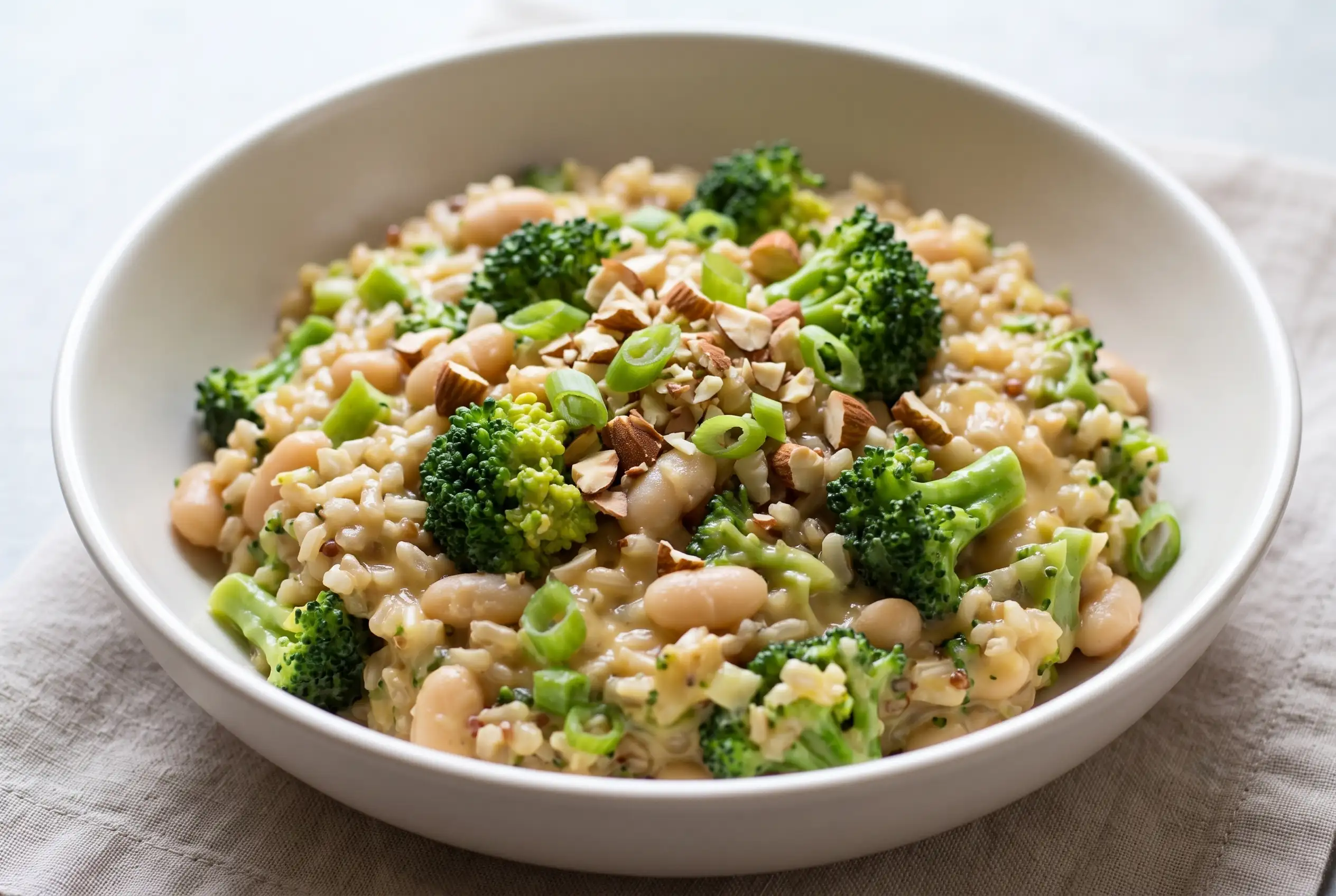 Broccoli cheese rice with brown rice, white beans, broccoli, cheddar sauce, almonds, and green onions in a bowl