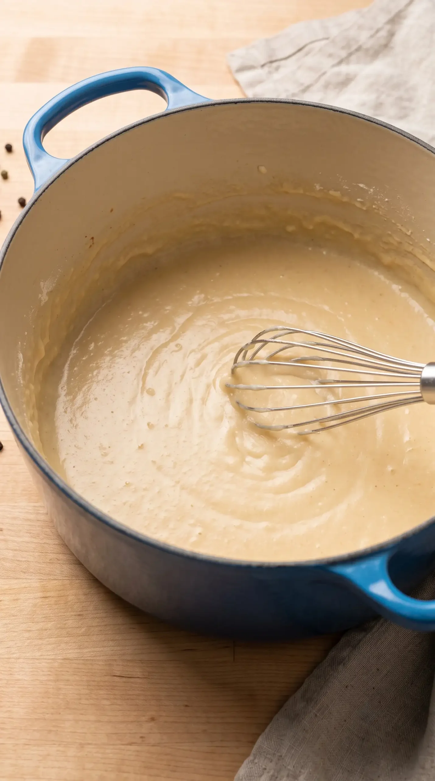 Soup pot showing butter and flour roux being whisked for broccoli cheese soup base