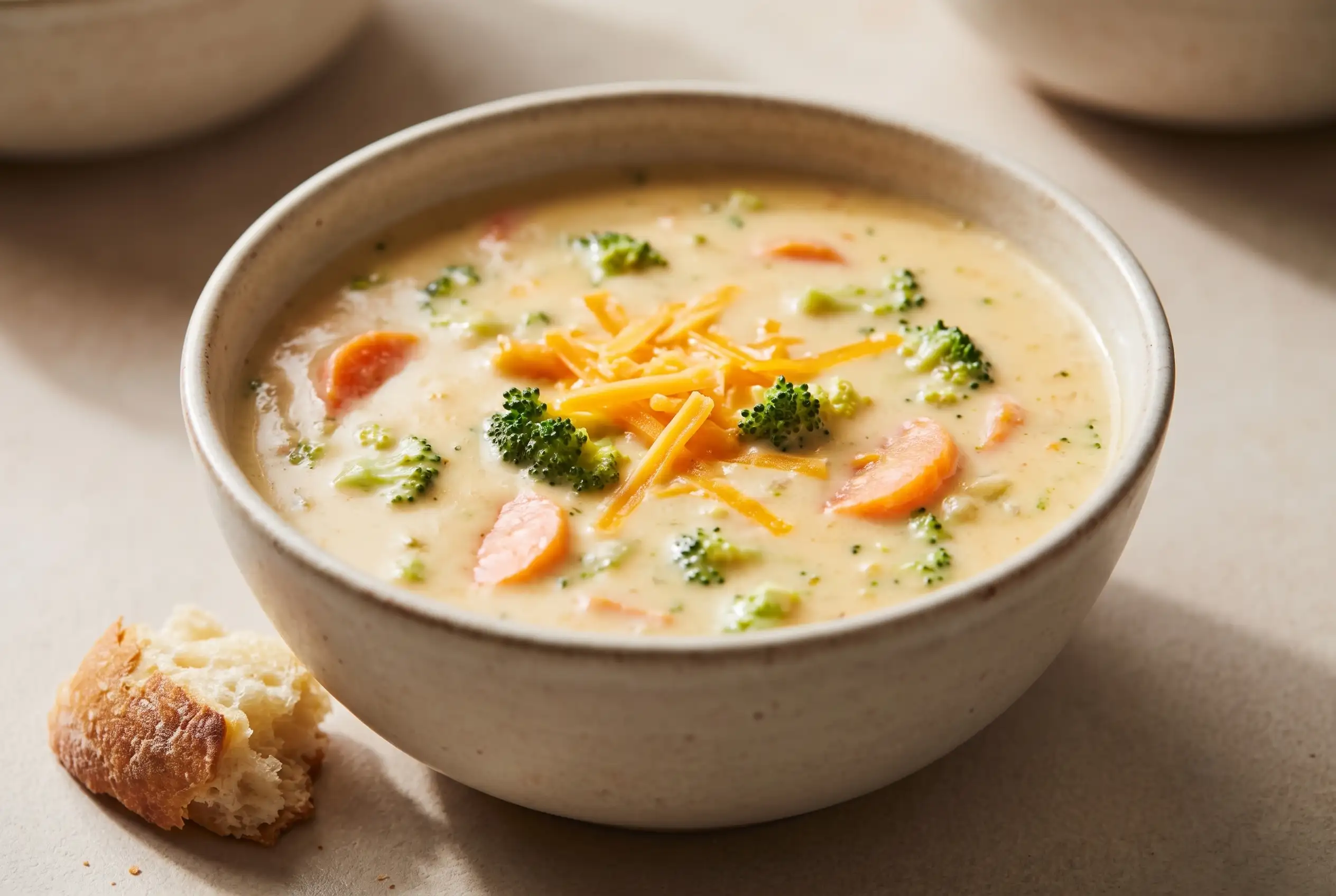 Creamy broccoli cheese soup with cheddar, broccoli florets, carrots, and crusty bread